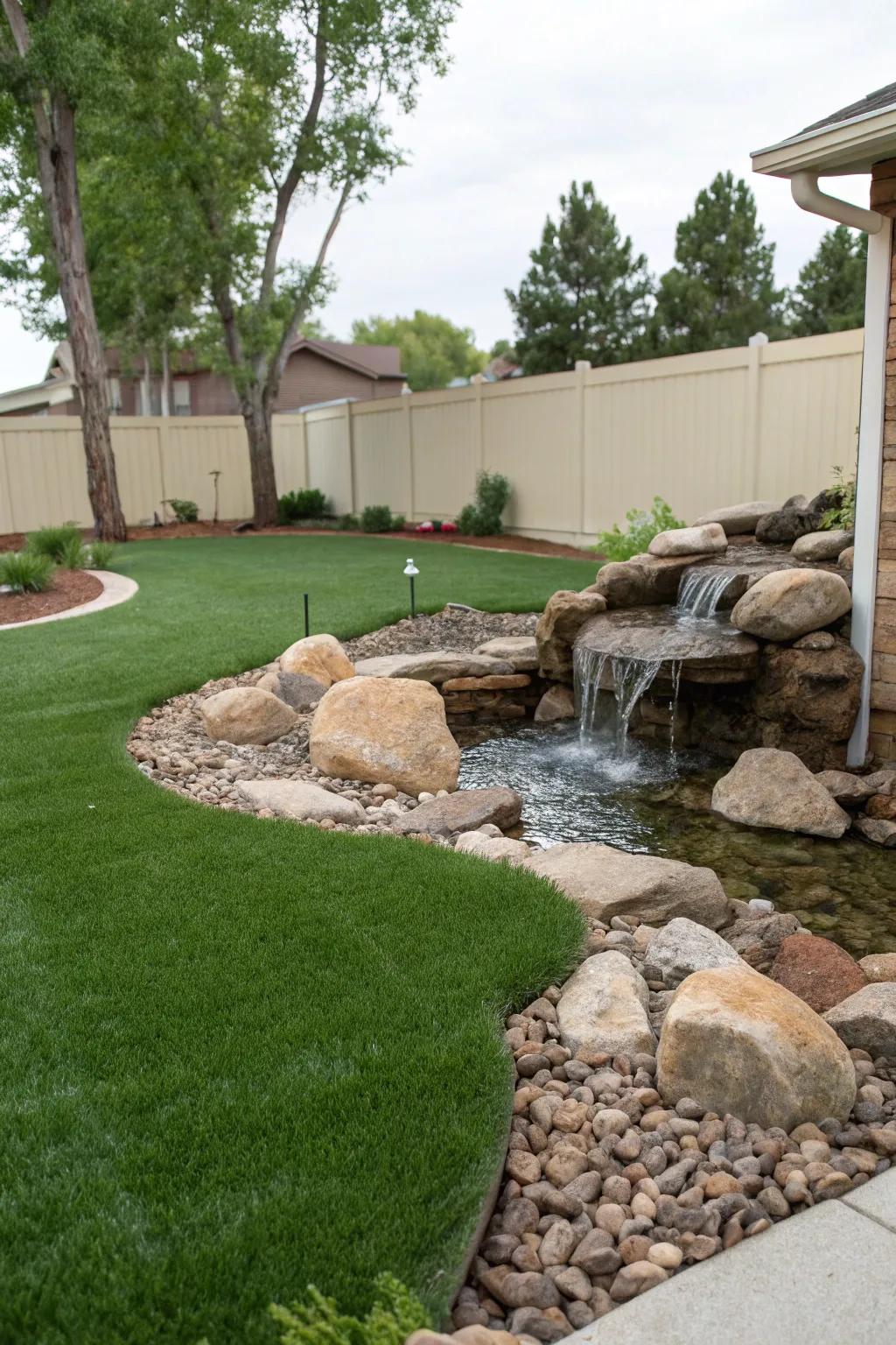 Zen-inspired water feature amidst lush artificial grass.