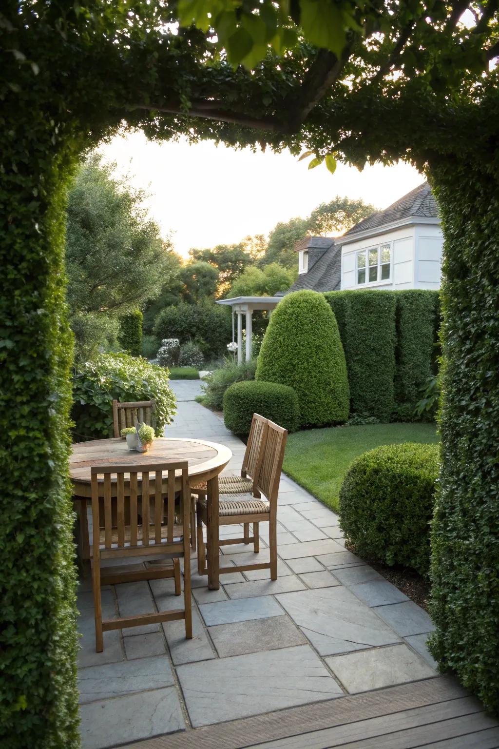 Boxwoods frame a cozy patio retreat.