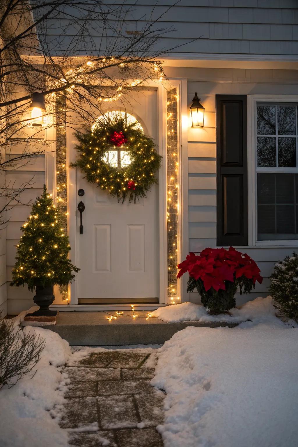A lit wreath on your door creates a warm holiday welcome.