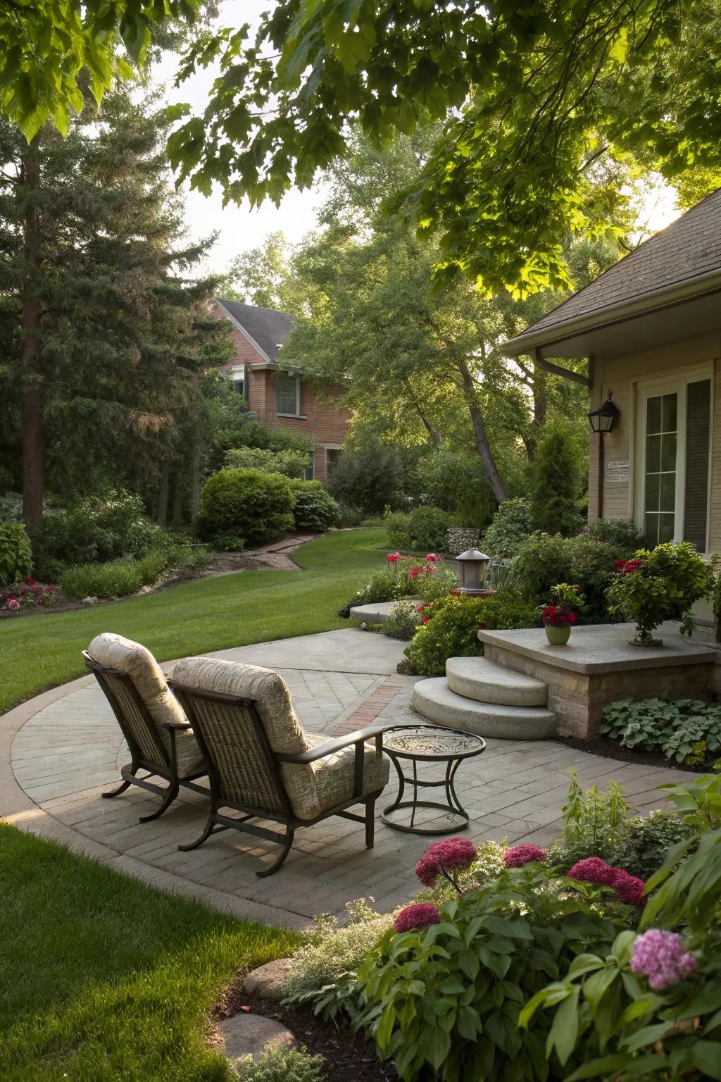 A cozy concrete seating area invites relaxation in this front yard.