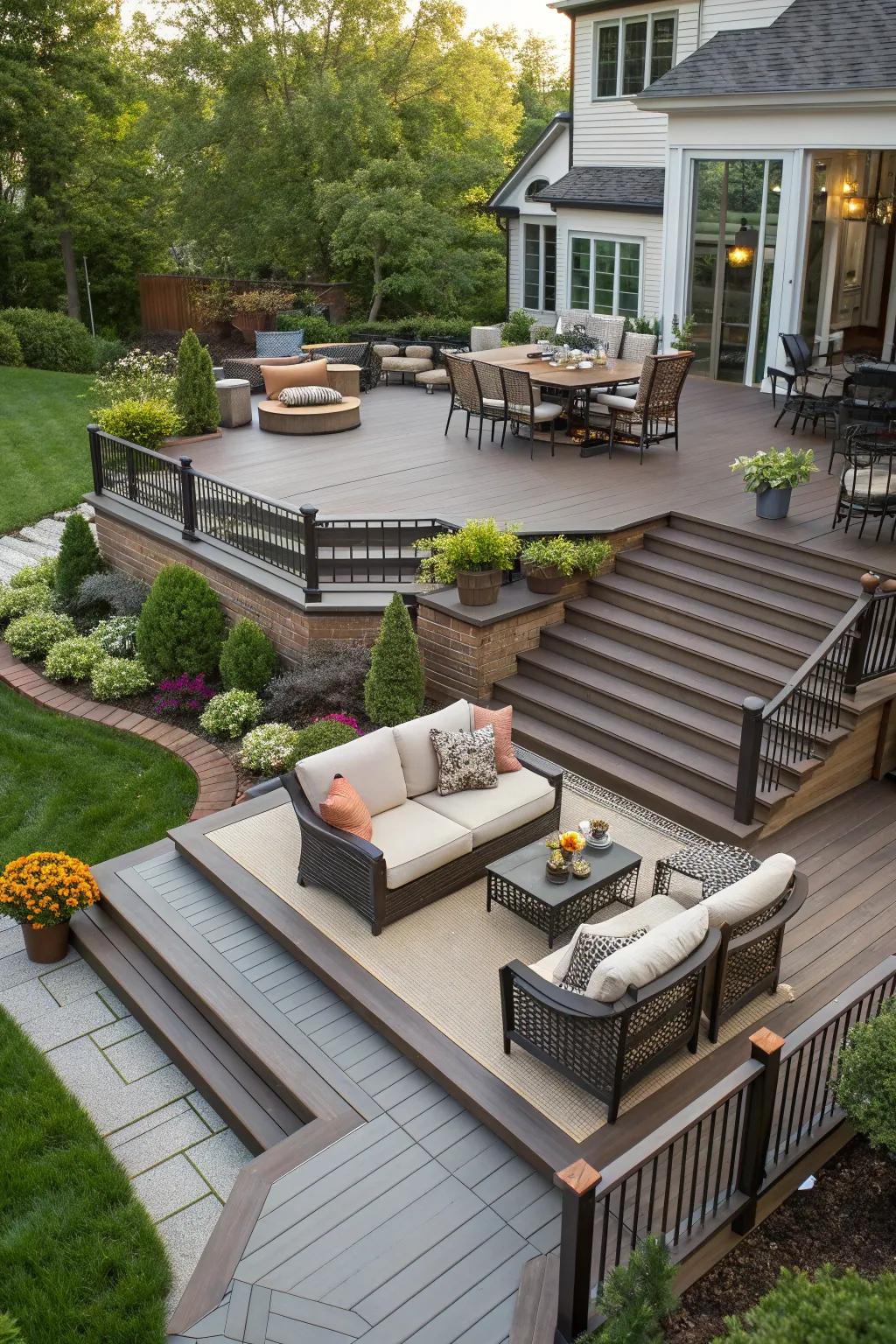 Elegant multi-level deck offering varied spaces for enjoyment.