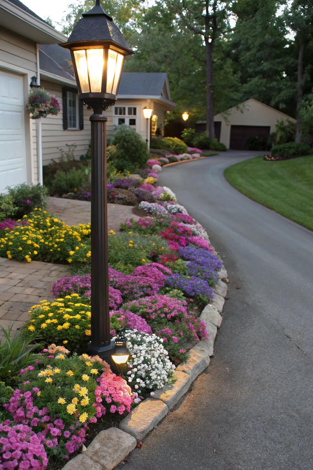 Integrating light posts with flower beds for a vibrant driveway entrance.
