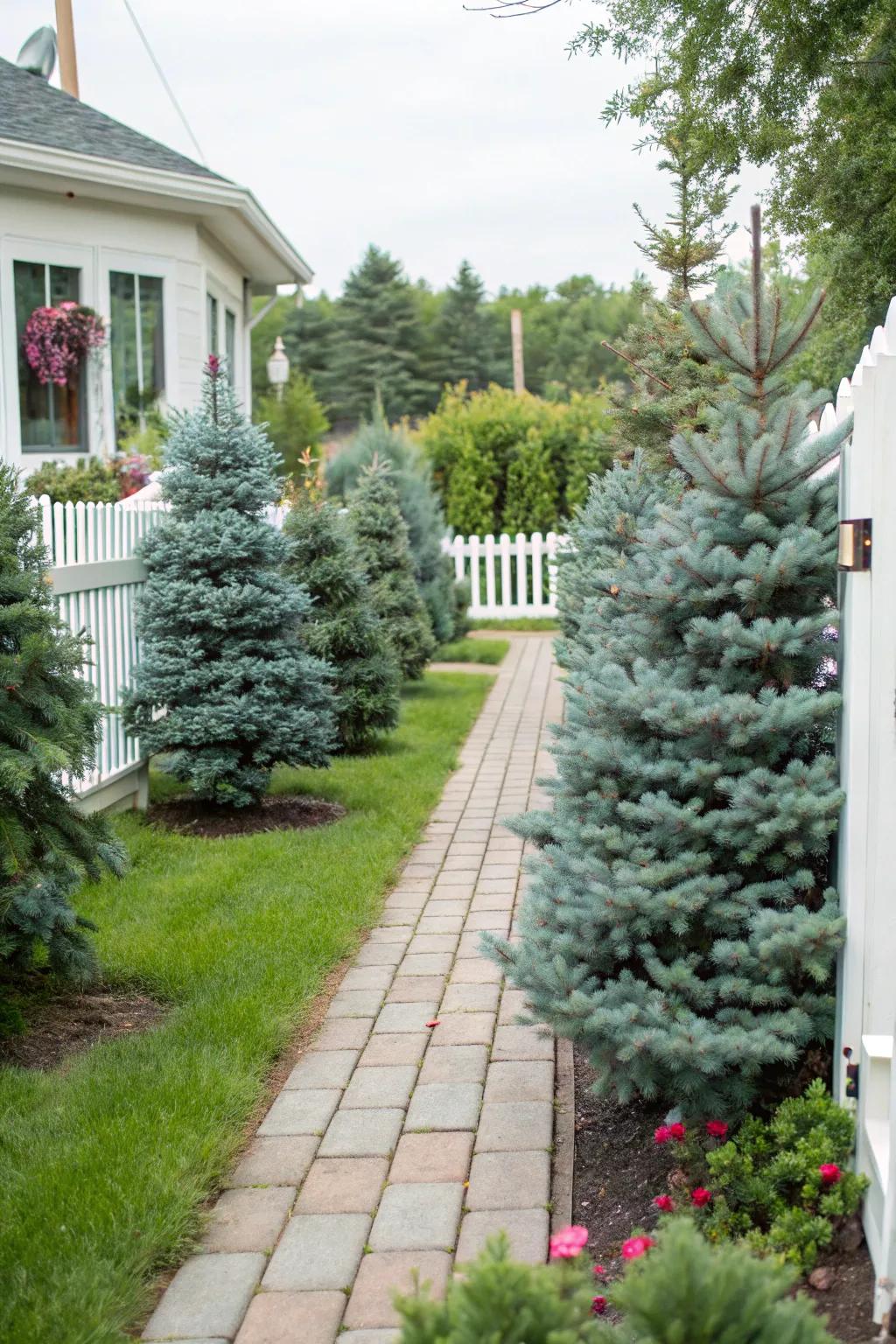 Guide guests with pathways bordered by dwarf blue spruce.