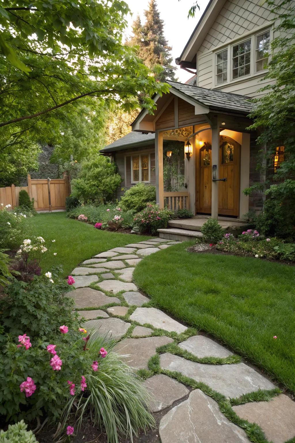 A stone pathway provides a timeless appeal.