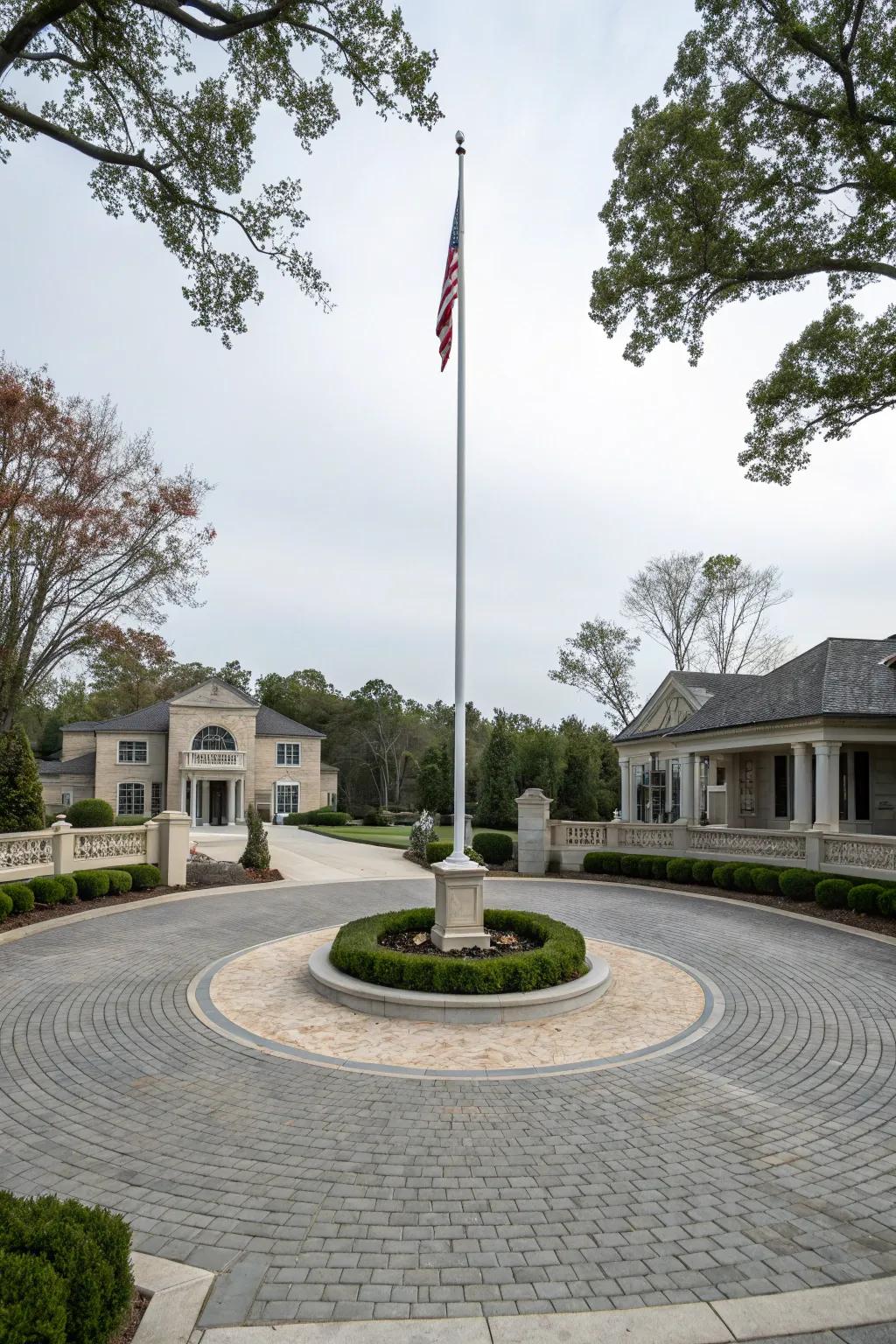 A flagpole transforms a driveway into a grand entrance.