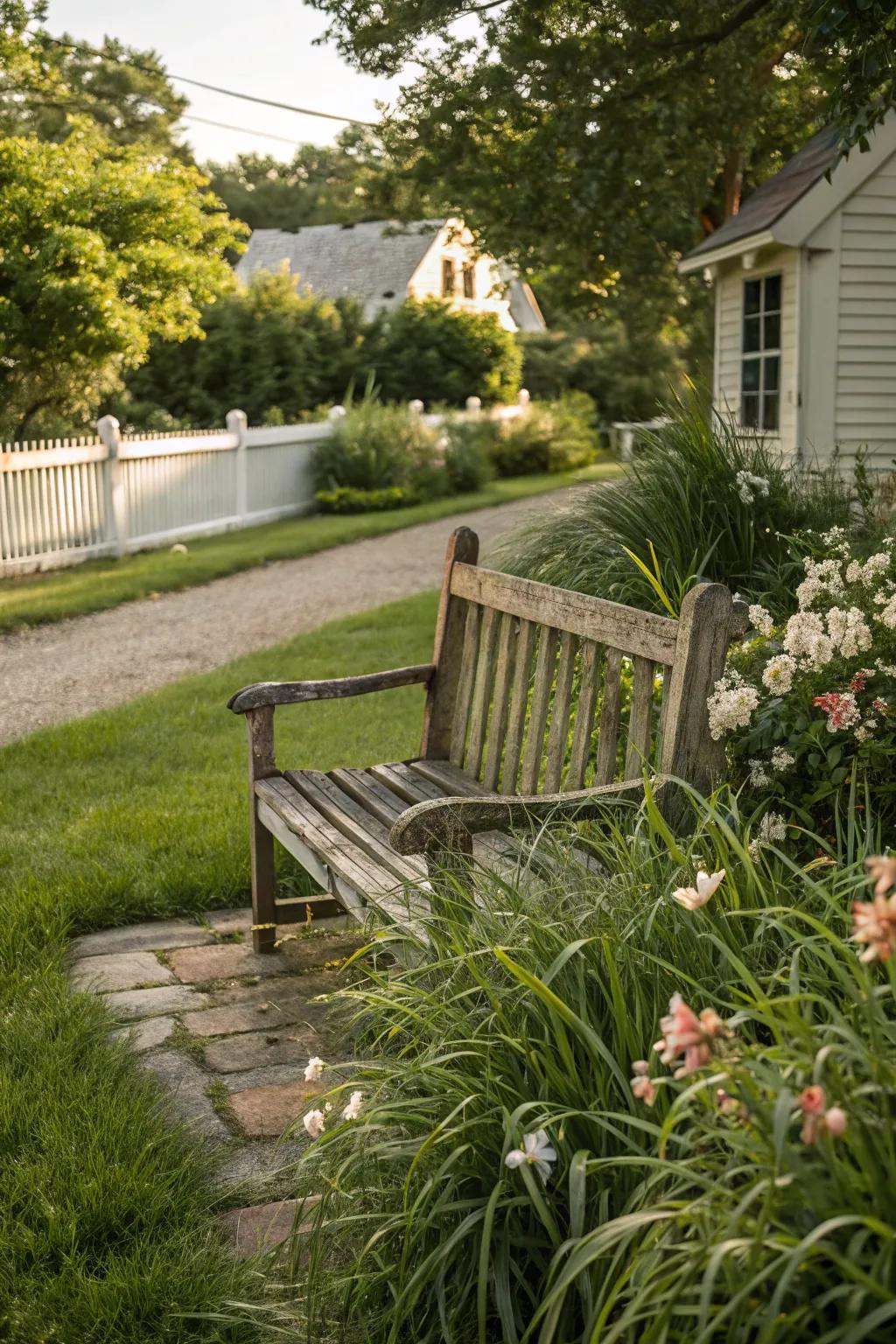 Embrace rustic charm with a classic wooden bench.