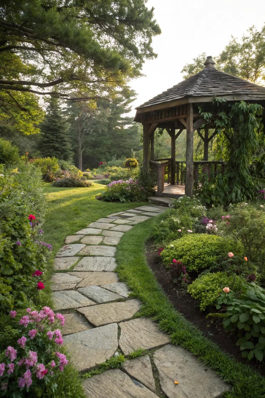 A stone path enhances the enchanting appeal of the gazebo.