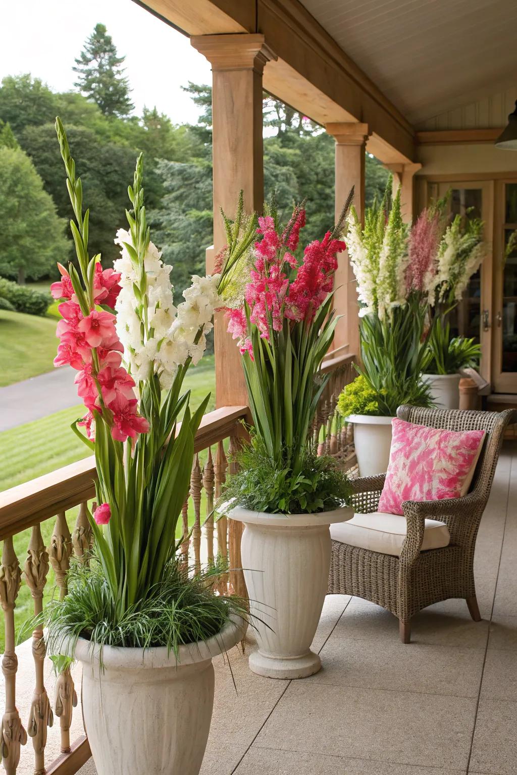 Gladiolus flowers in large containers create a striking porch display.