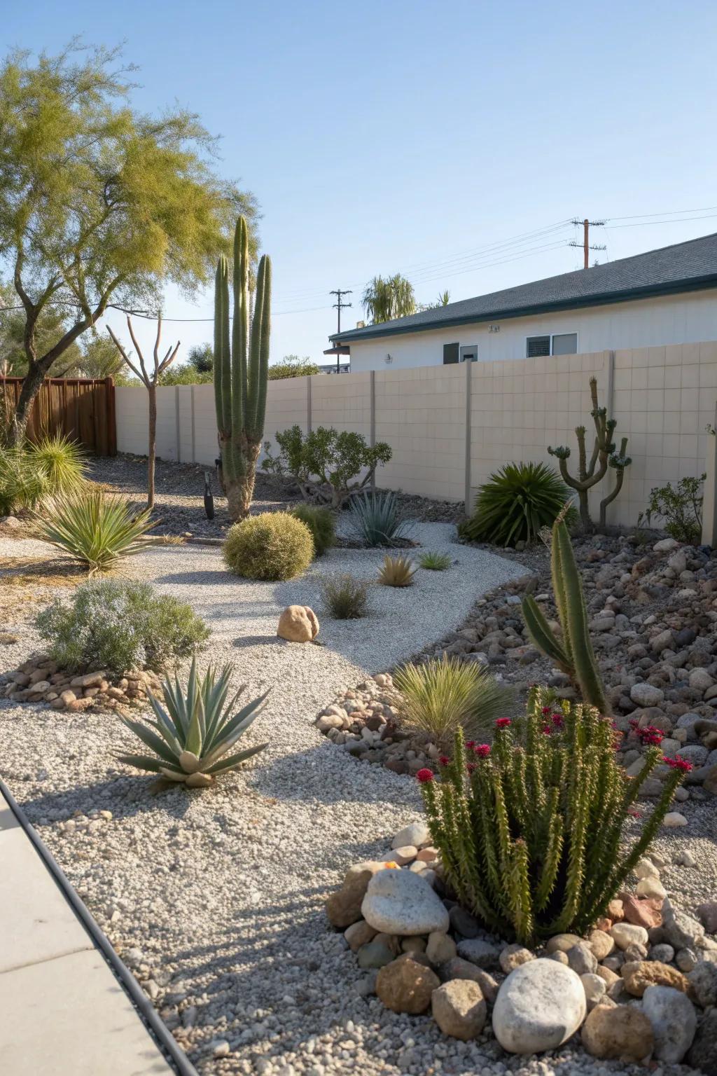 A drought-tolerant landscape with gravel and succulents.