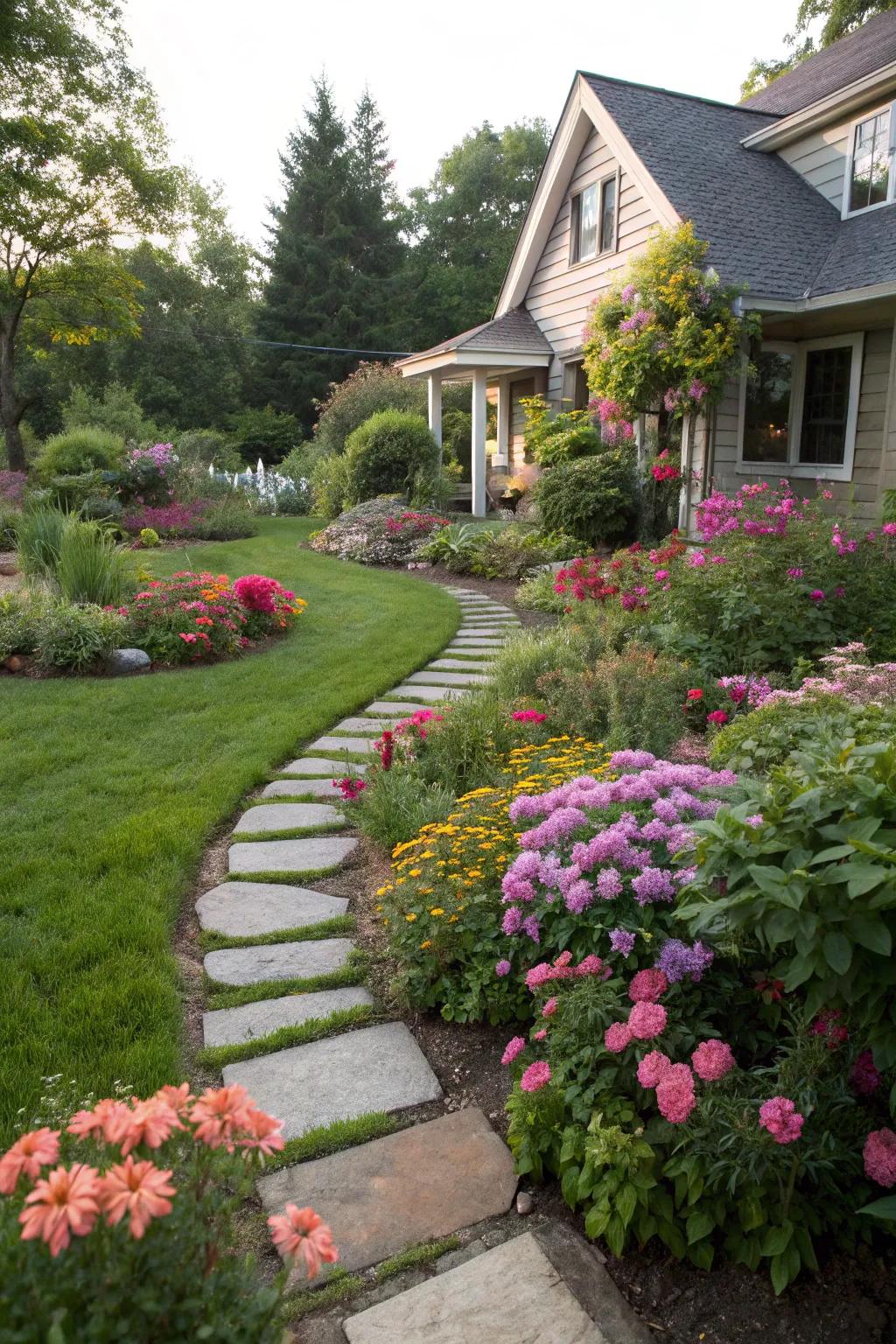 A garden pathway adds charm and guides guests.