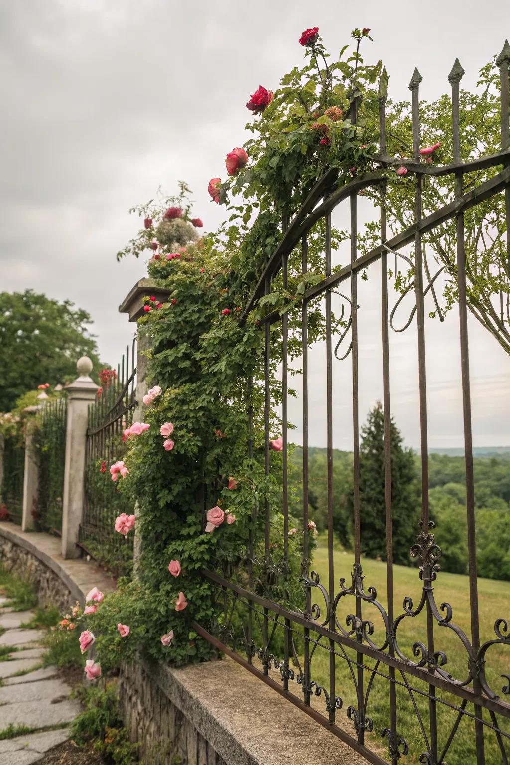 Climbing roses add a romantic flair to this charming iron fence.