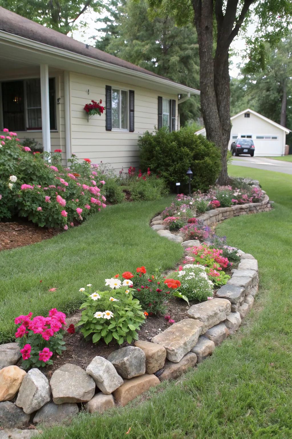 An island flower bed in a front yard, defined by decorative stone borders.