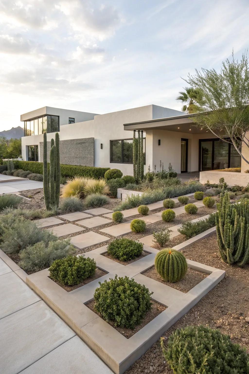Modern design elements create a sleek and sophisticated front yard.