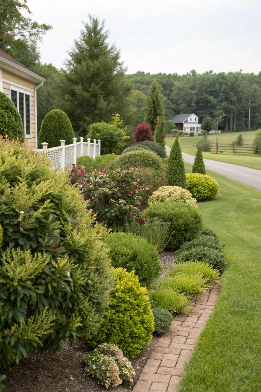 Shrubs and bushes offer structure and variety, enhancing the front yard's appeal.