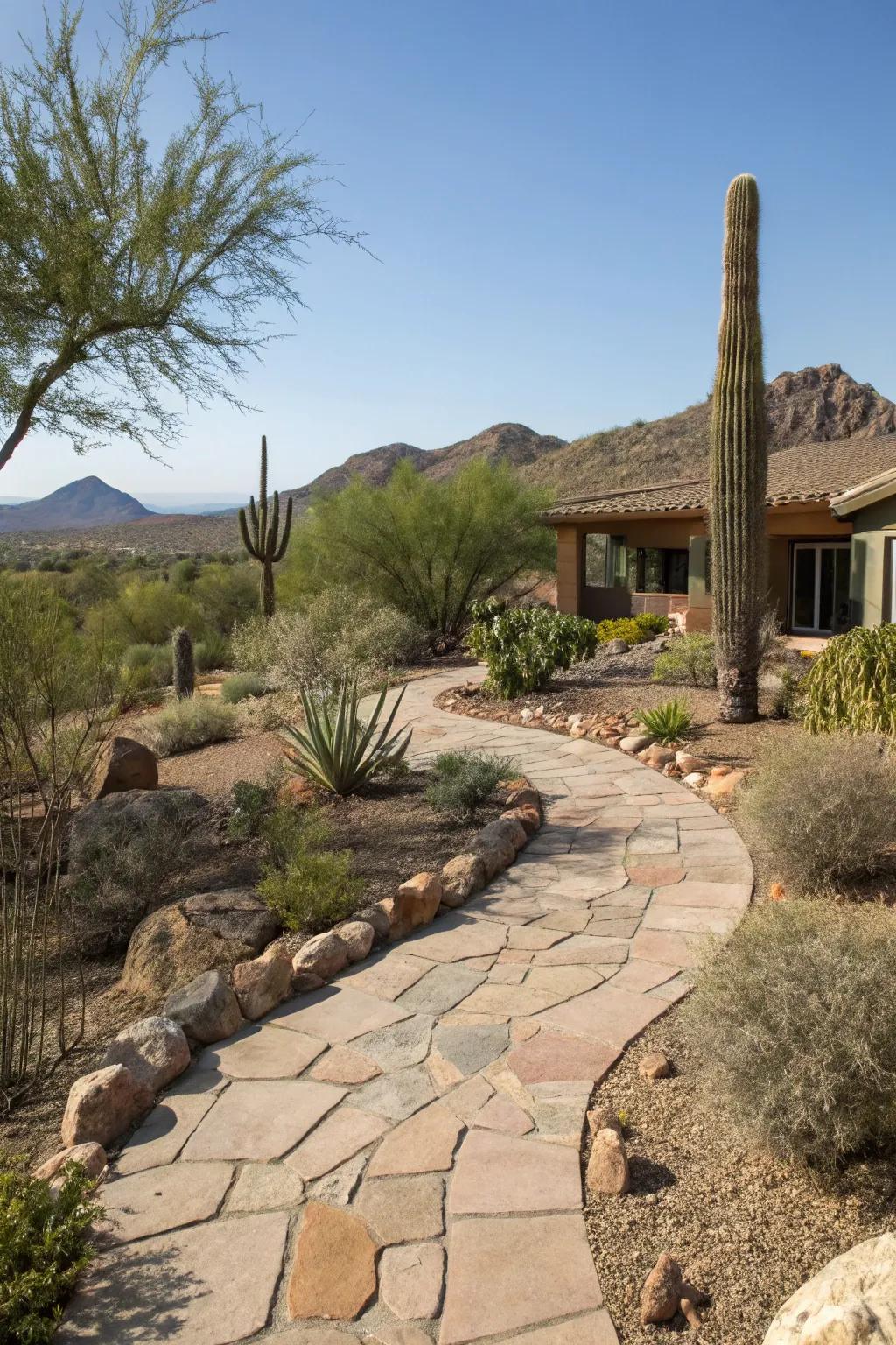 Elegant stone walkways complement the desert landscape in an Arizona yard.