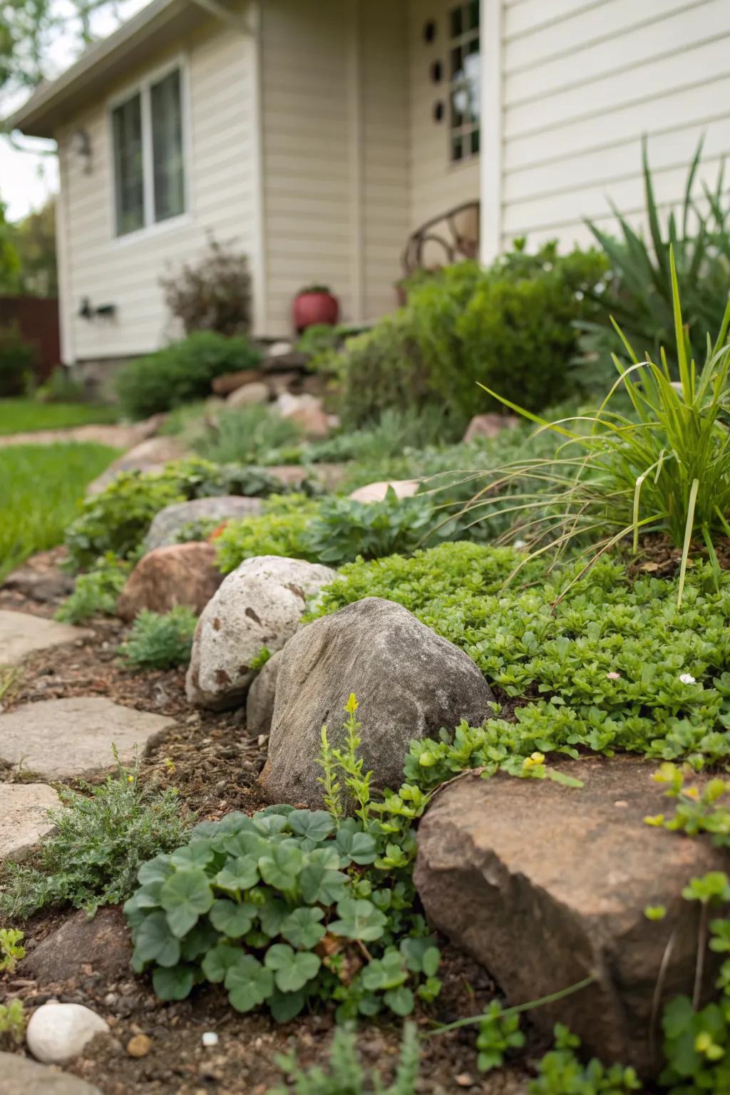 A harmonious blend of rocks and greenery for a balanced landscape.