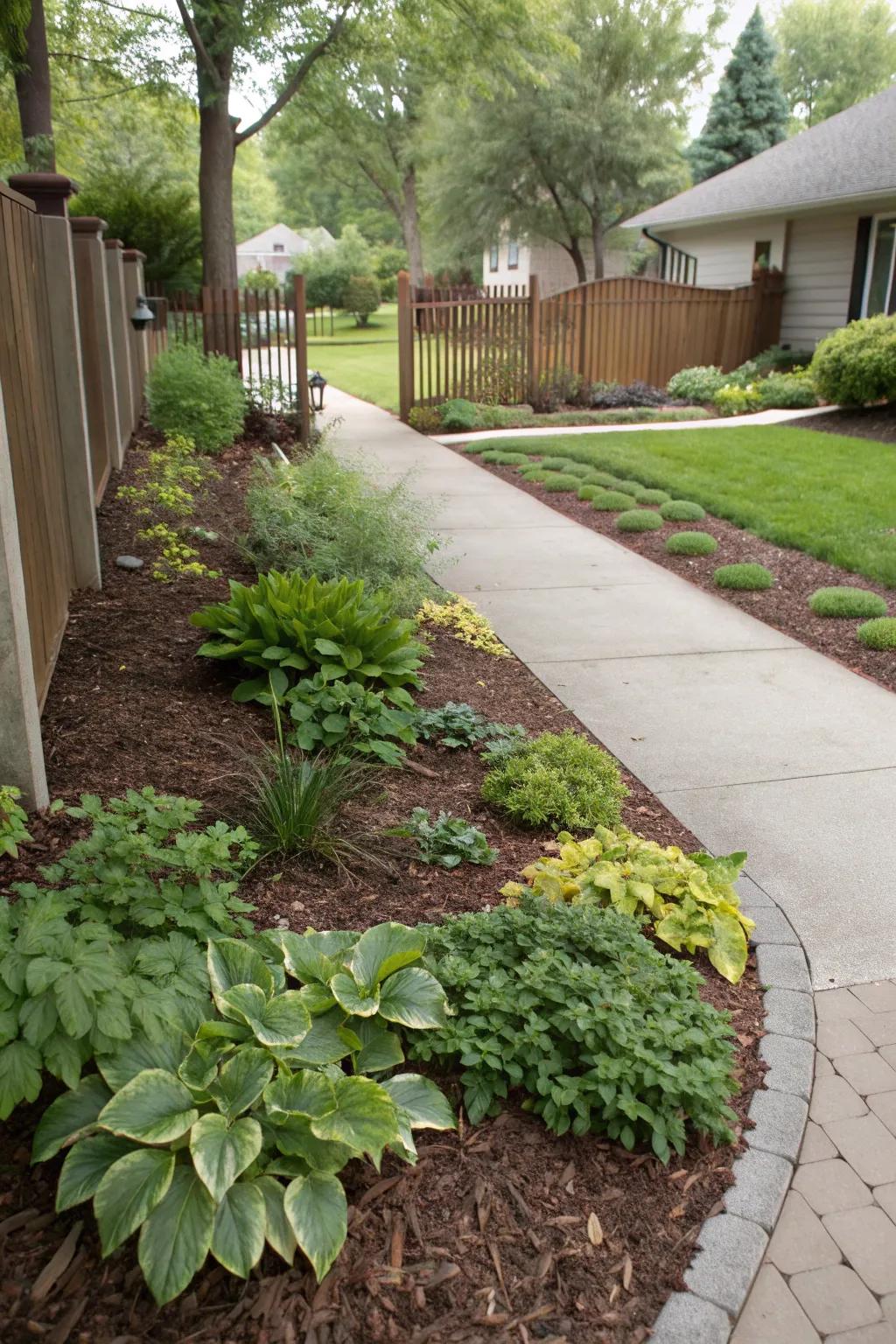 Mulch and ground cover adding texture to a Zone 6 front yard.