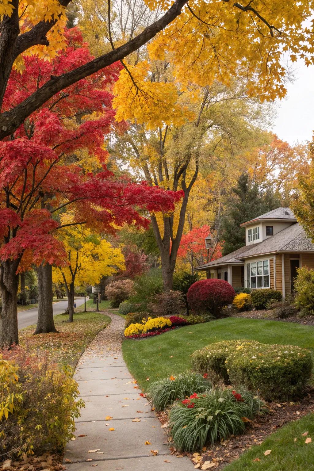 A front yard featuring a stunning variety of trees and vibrant foliage.