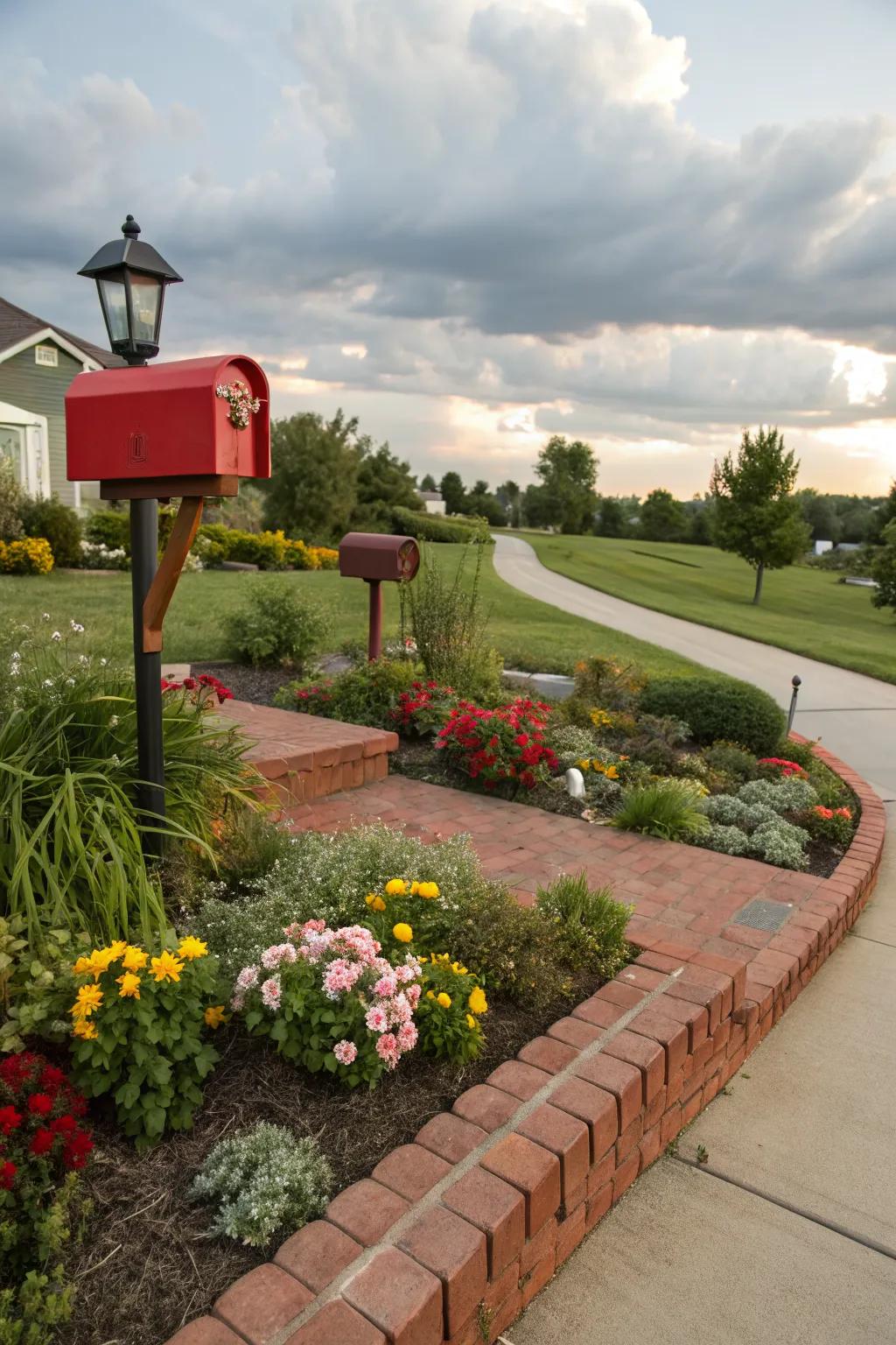 Brick edging adds elegance and structure to the mailbox area.