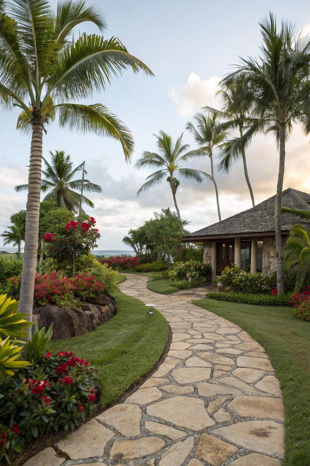 Inviting stone pathways guide you through a palm-filled paradise.