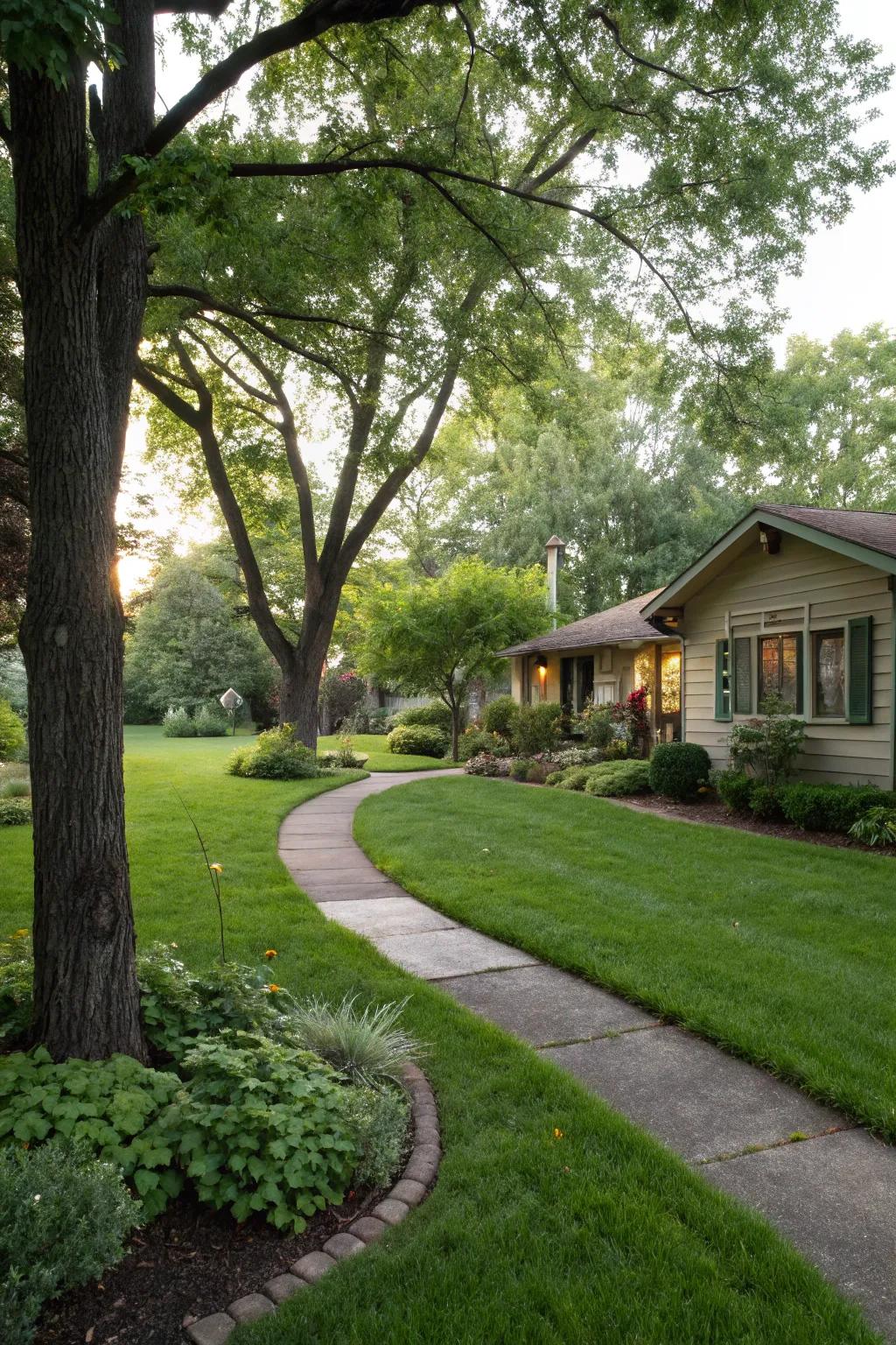 A front yard with a pristine green lawn and surrounding trees.