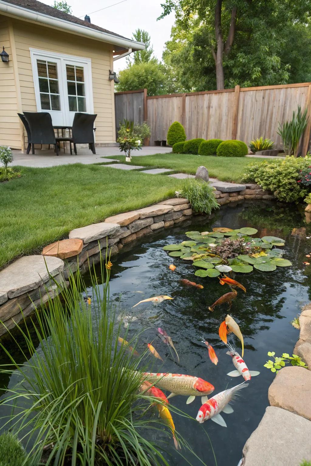 Colorful koi fish add life to a front yard pond.