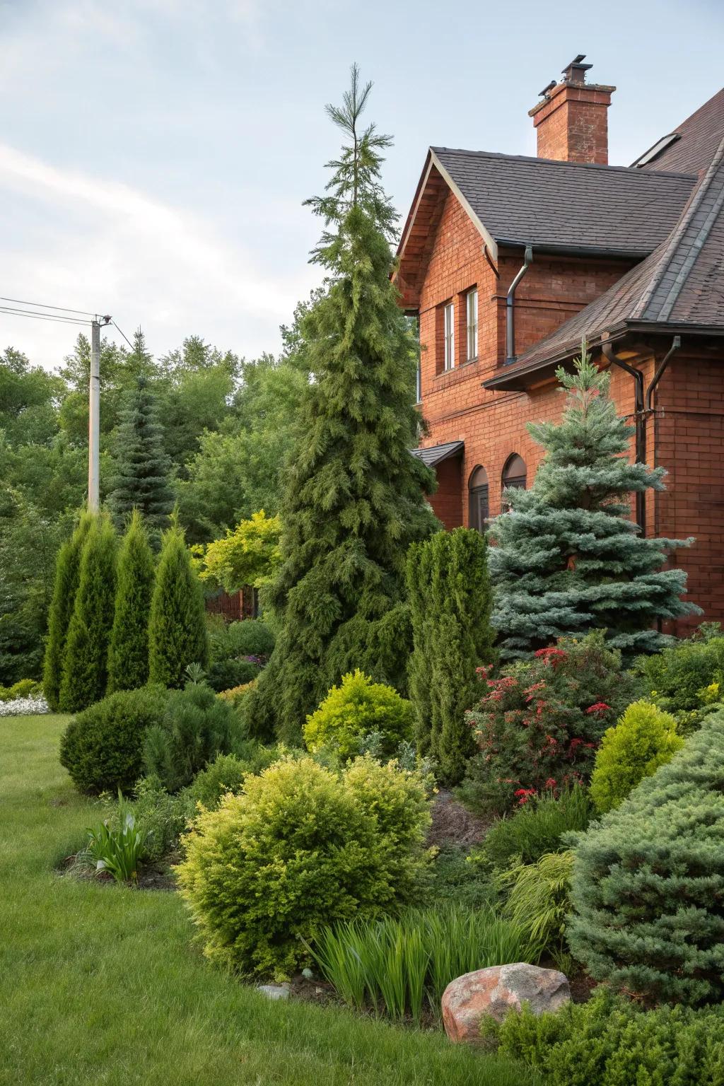 Evergreens add year-round structure and color to this red brick home.