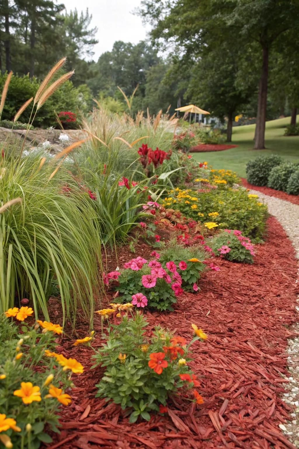 A mix of ornamental grasses and flowers paired with red mulch.