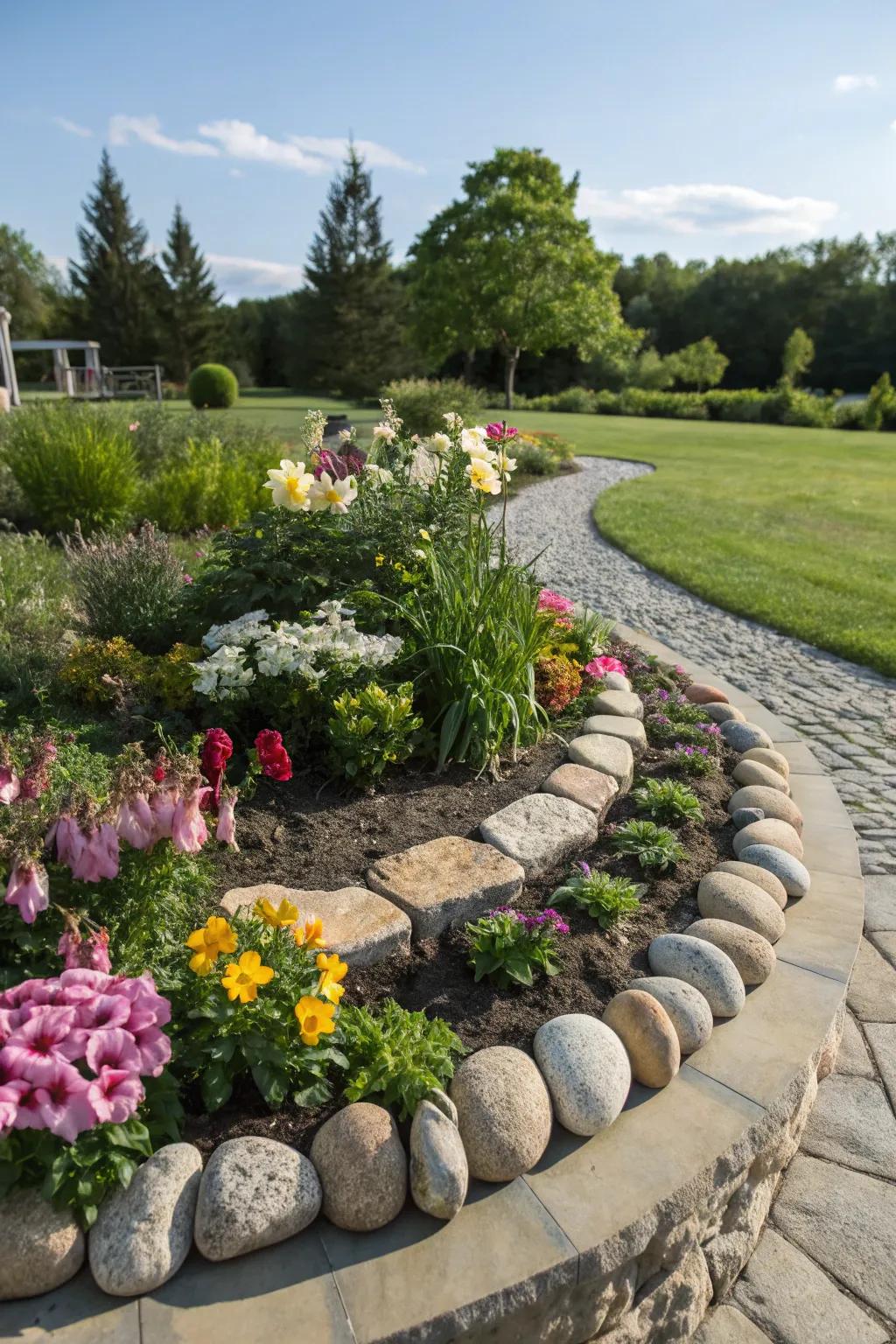 River stones provide a natural and tidy border for this flower bed.