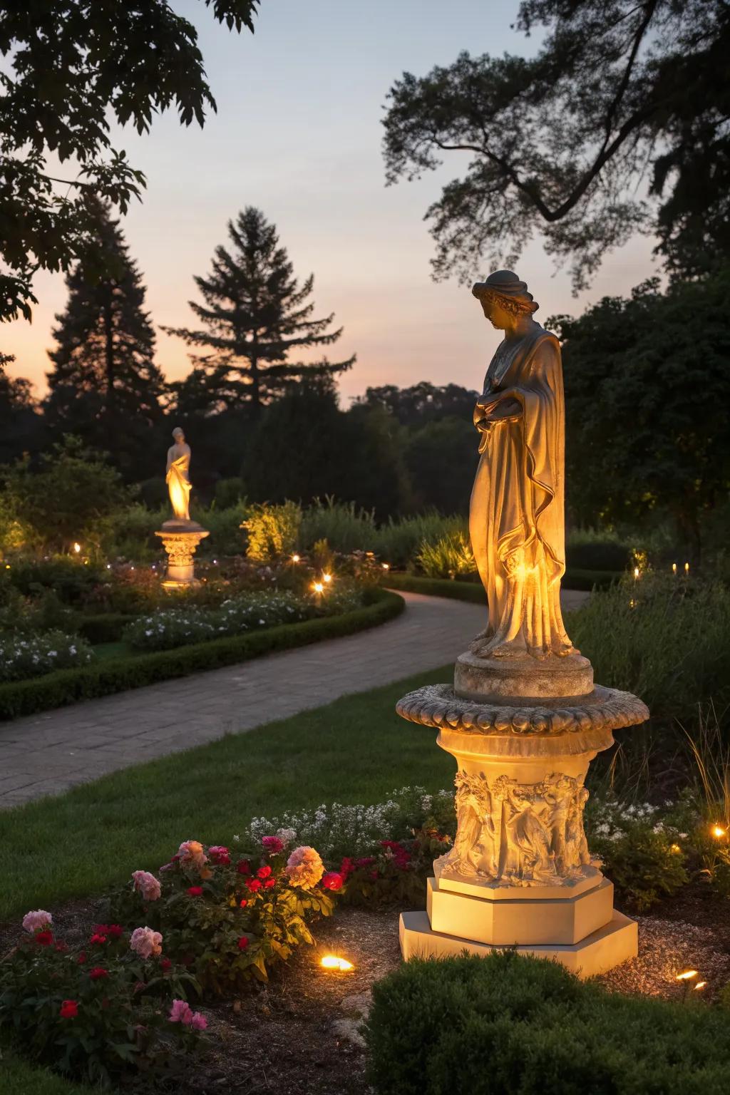 An illuminated sculpture casting a warm glow at dusk.