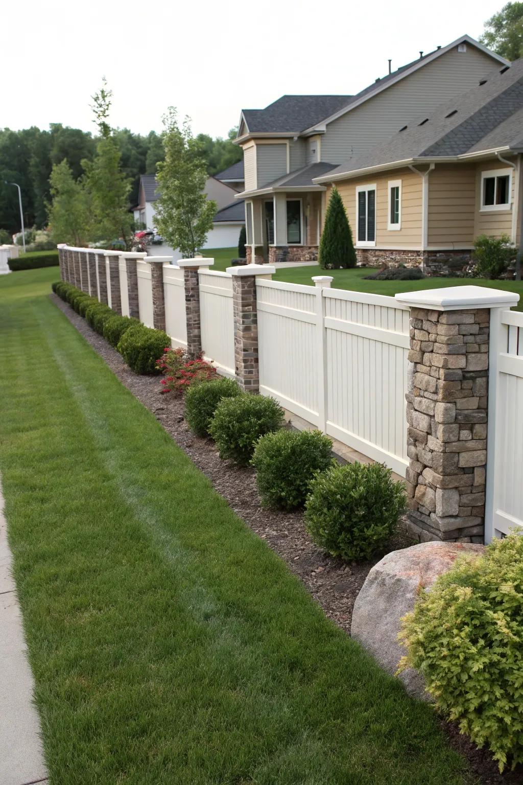 A modern fence design combining vinyl and stone for a unique aesthetic.