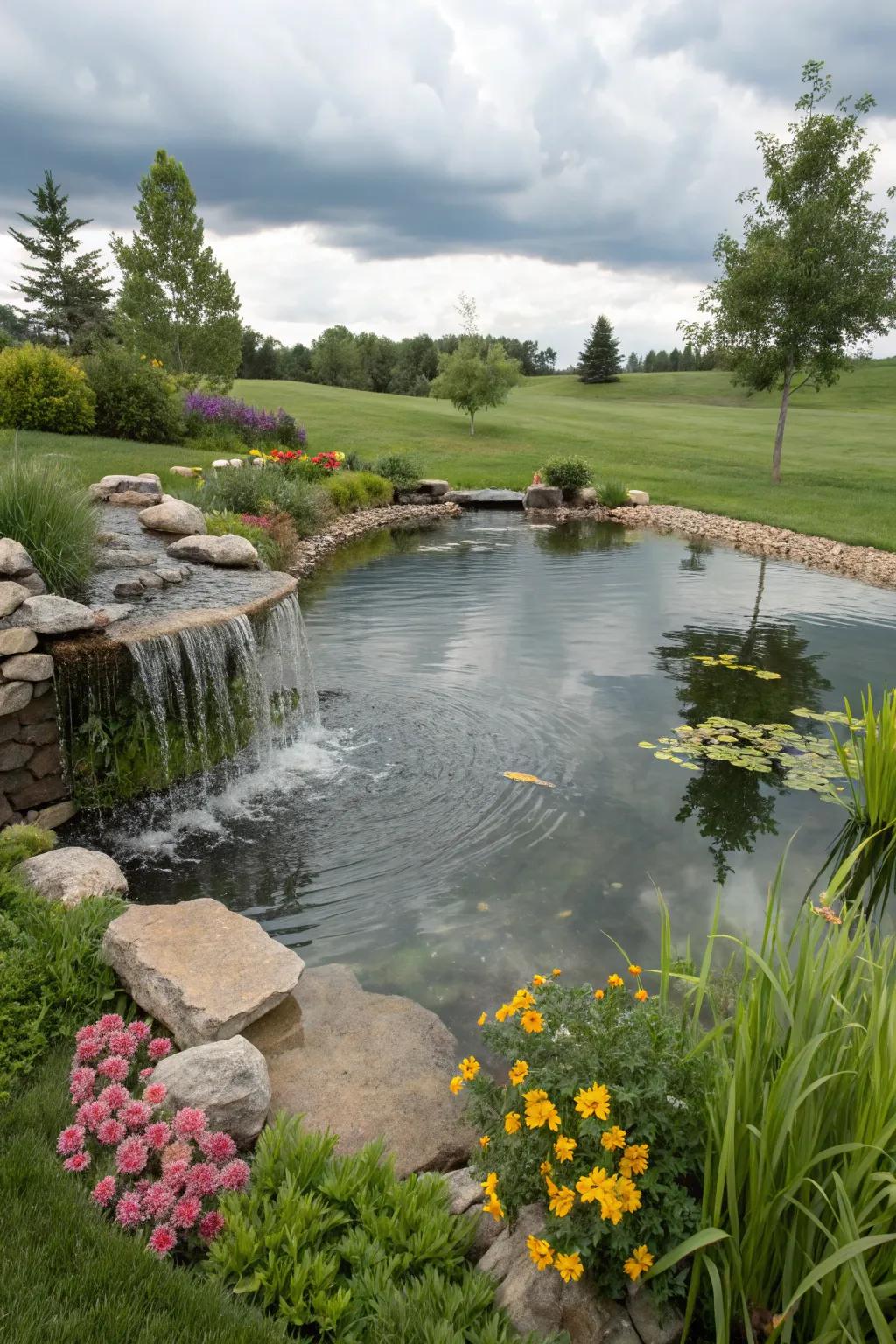 A pond at the base adds depth and reflection to your water feature.