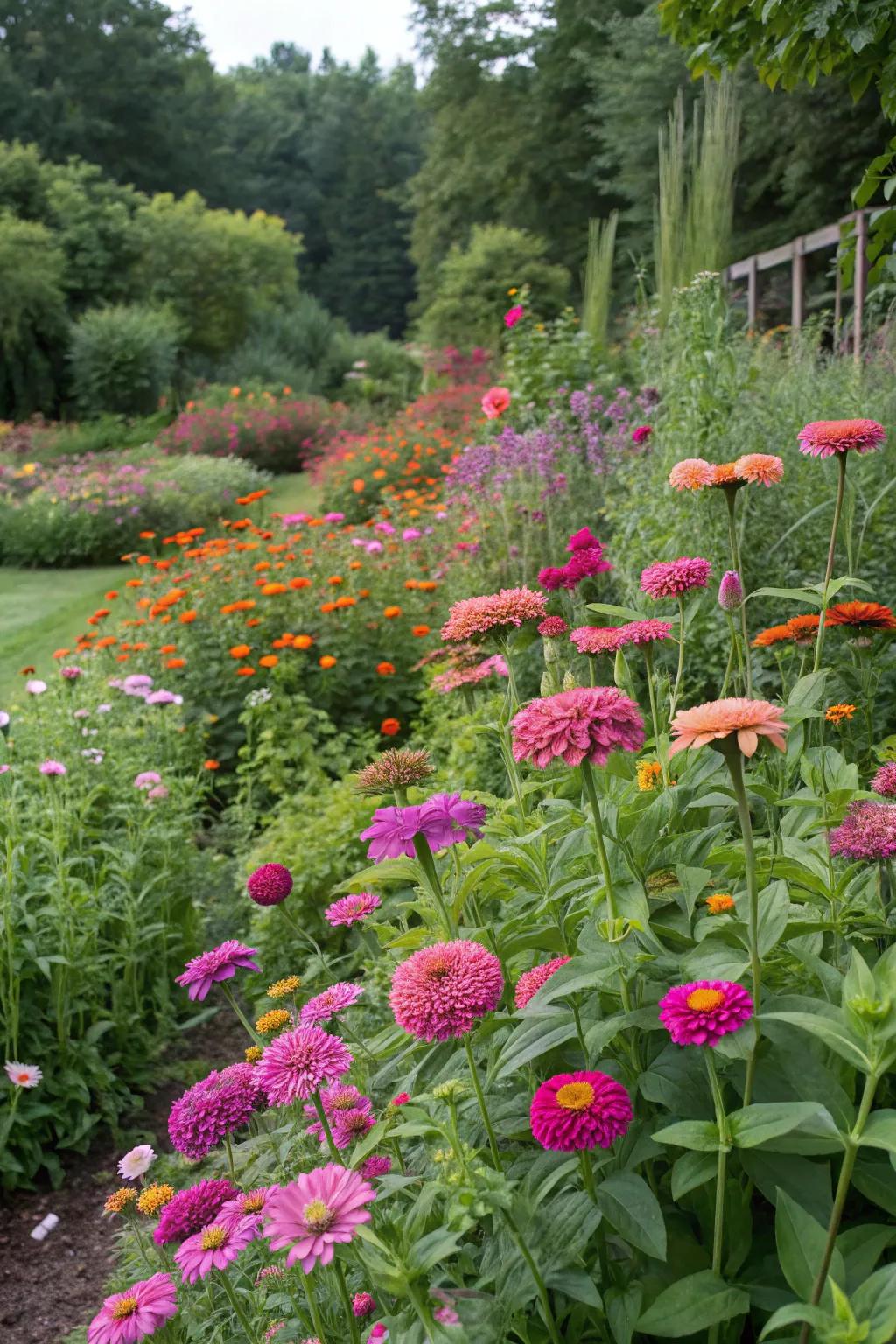 Mixed plantings with zinnias create a lush, textured garden.