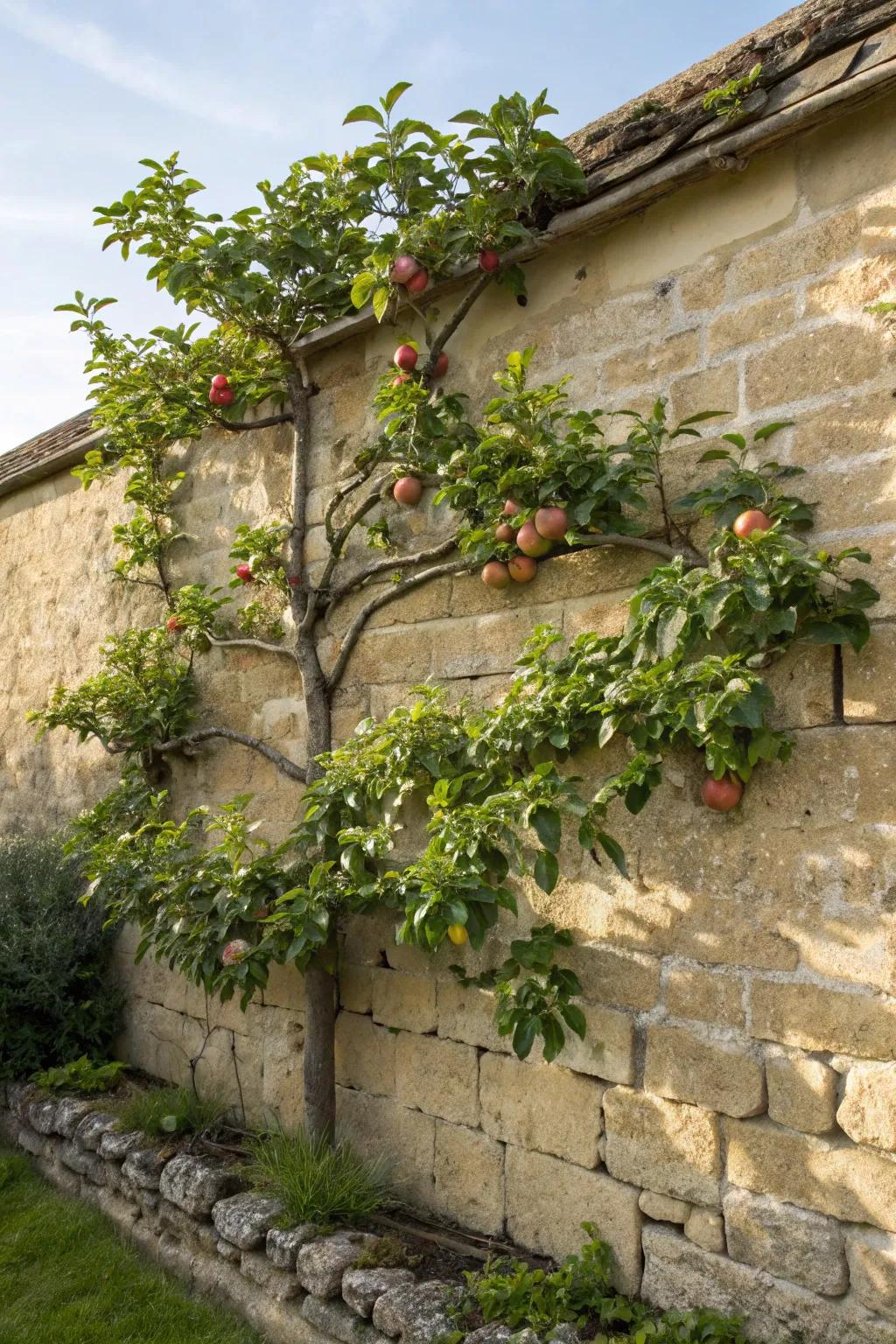 An espalier apple tree creates a living wall of fruit.