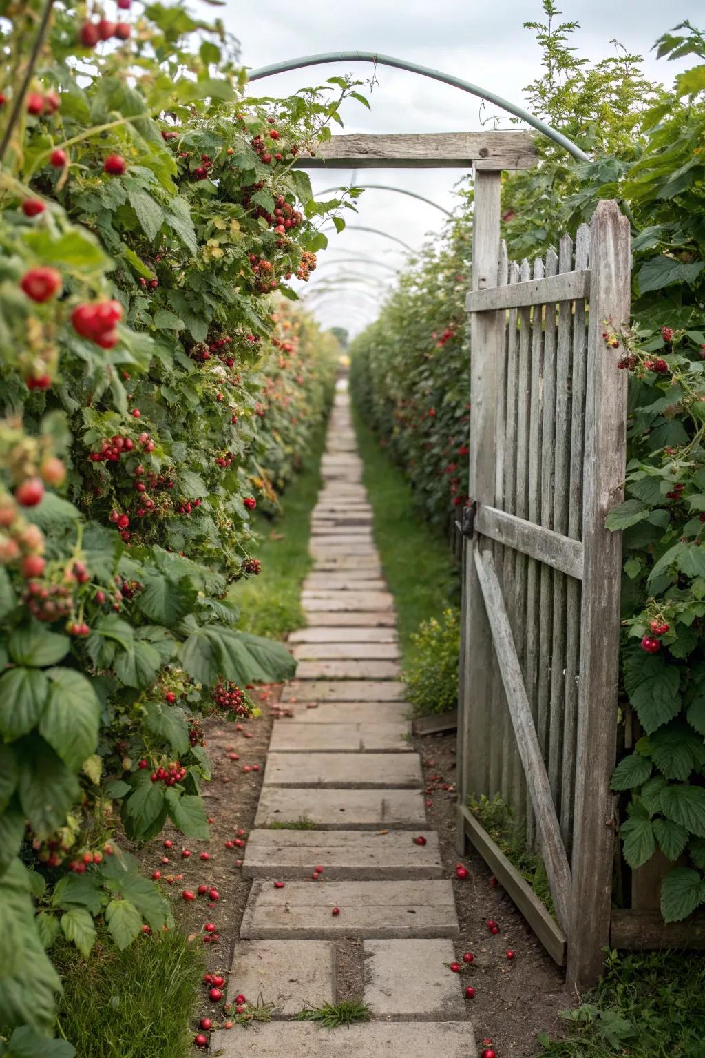 Raspberry bushes lining pathways add beauty and bounty to your garden.