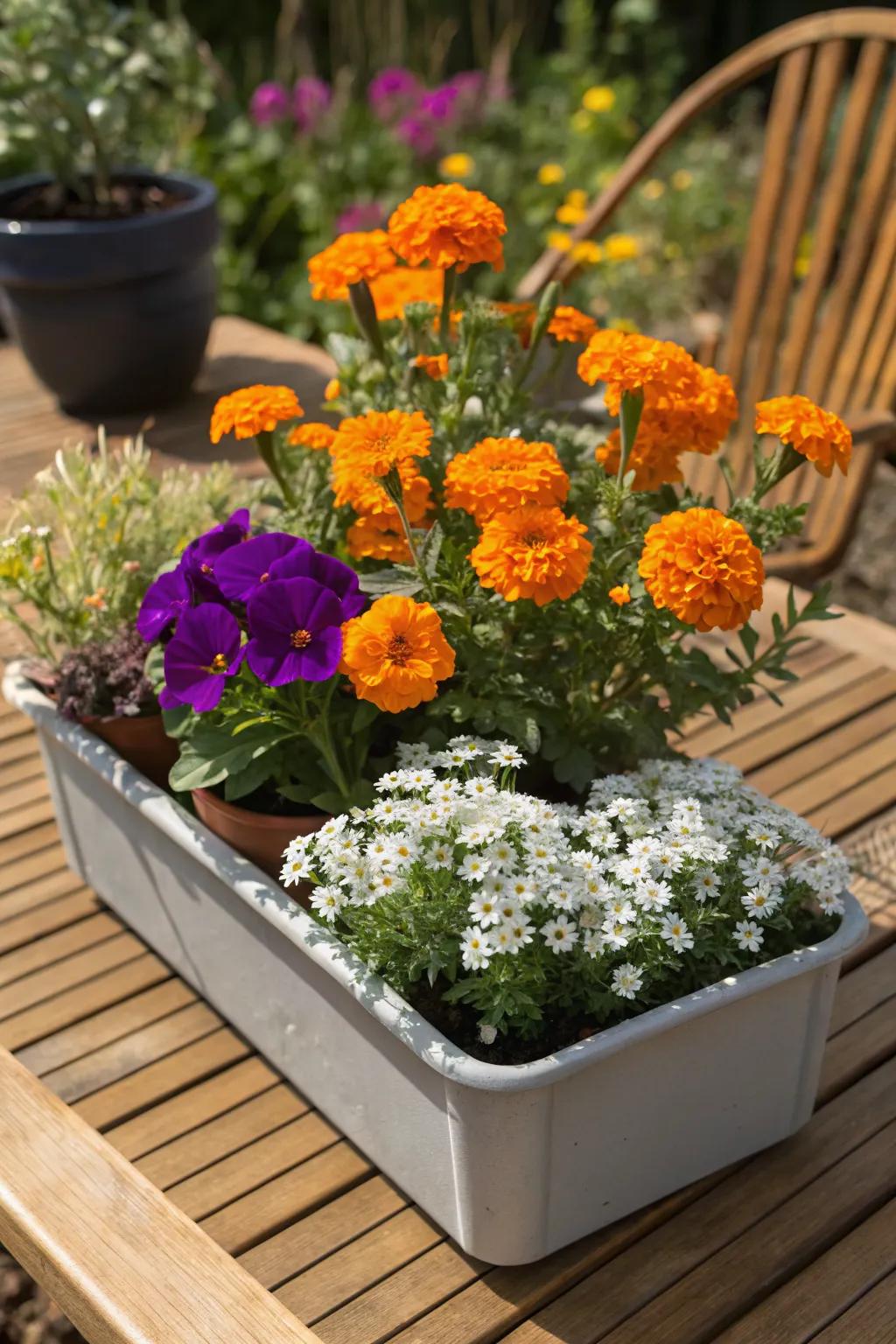 A portable planter bursting with colorful annuals offers flexibility in sun-loving gardens.
