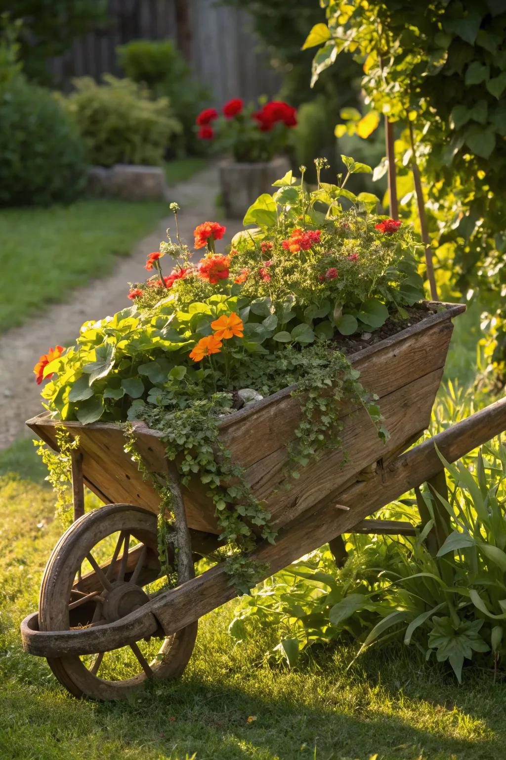 A wooden wheelbarrow becomes a whimsical planter, adding charm to any garden.