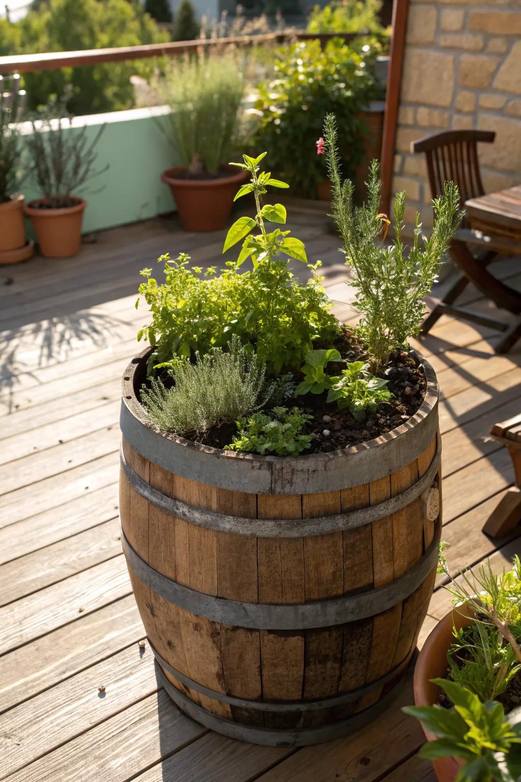 A culinary herb garden flourishing in a whiskey barrel.