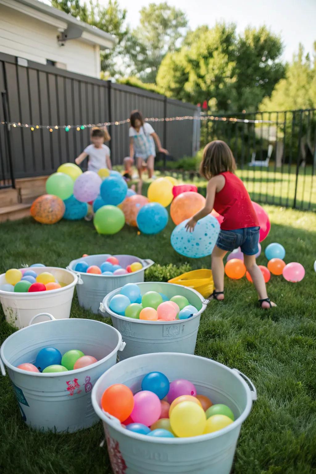 A colorful water balloon station ready for summer fun.