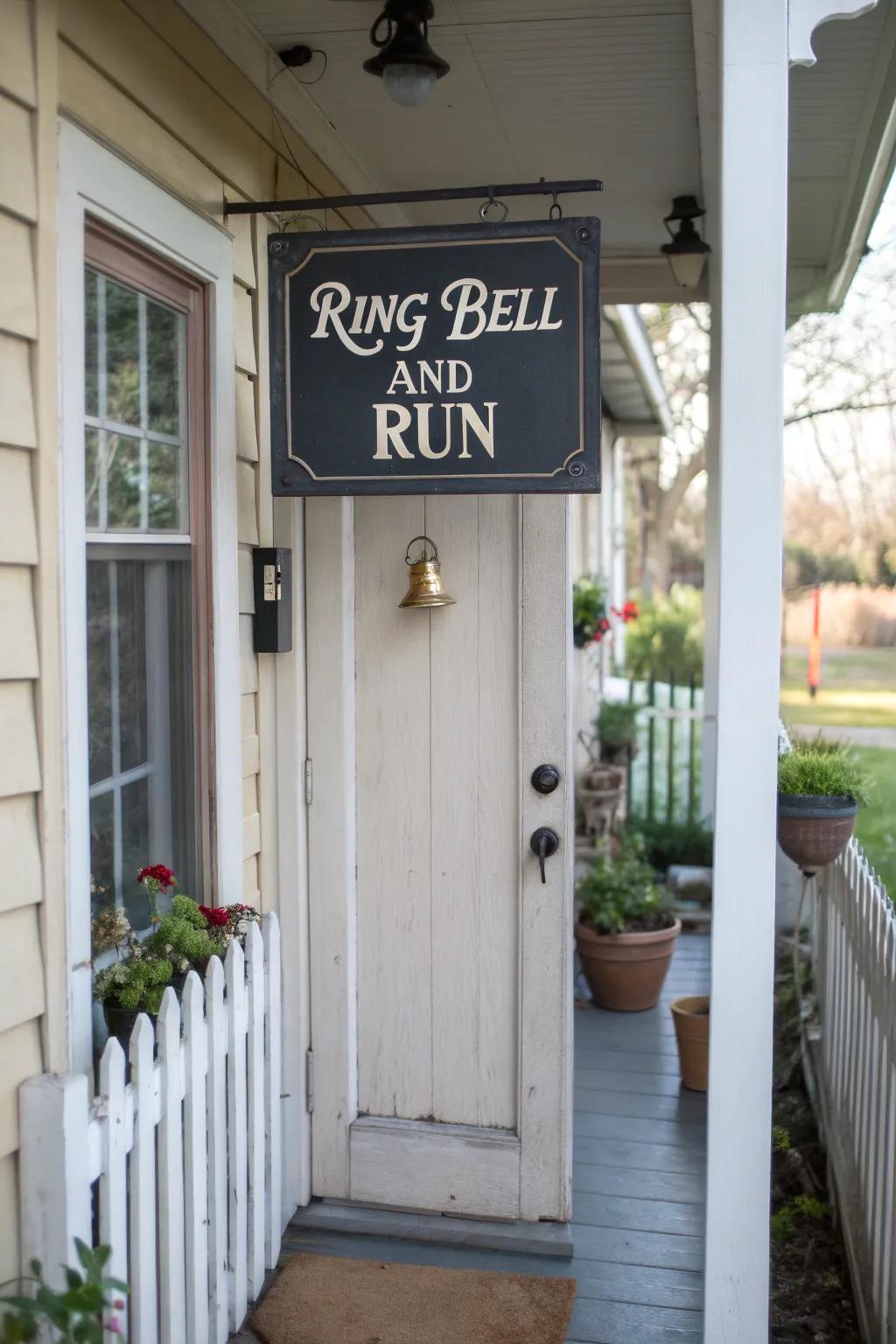 A mischievous porch sign inviting playful antics