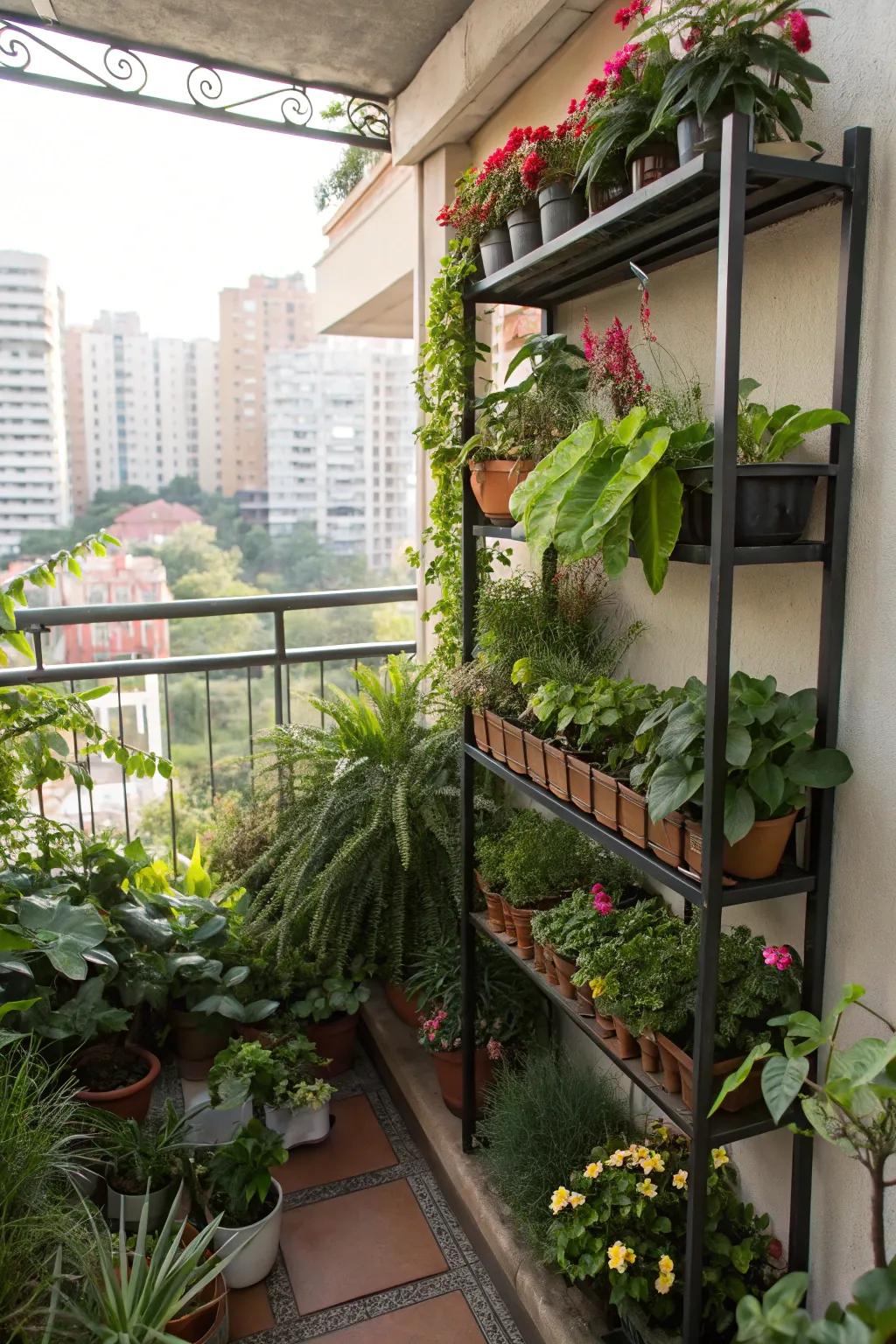 Vertical garden shelves are perfect for maximizing plant space on small balconies.