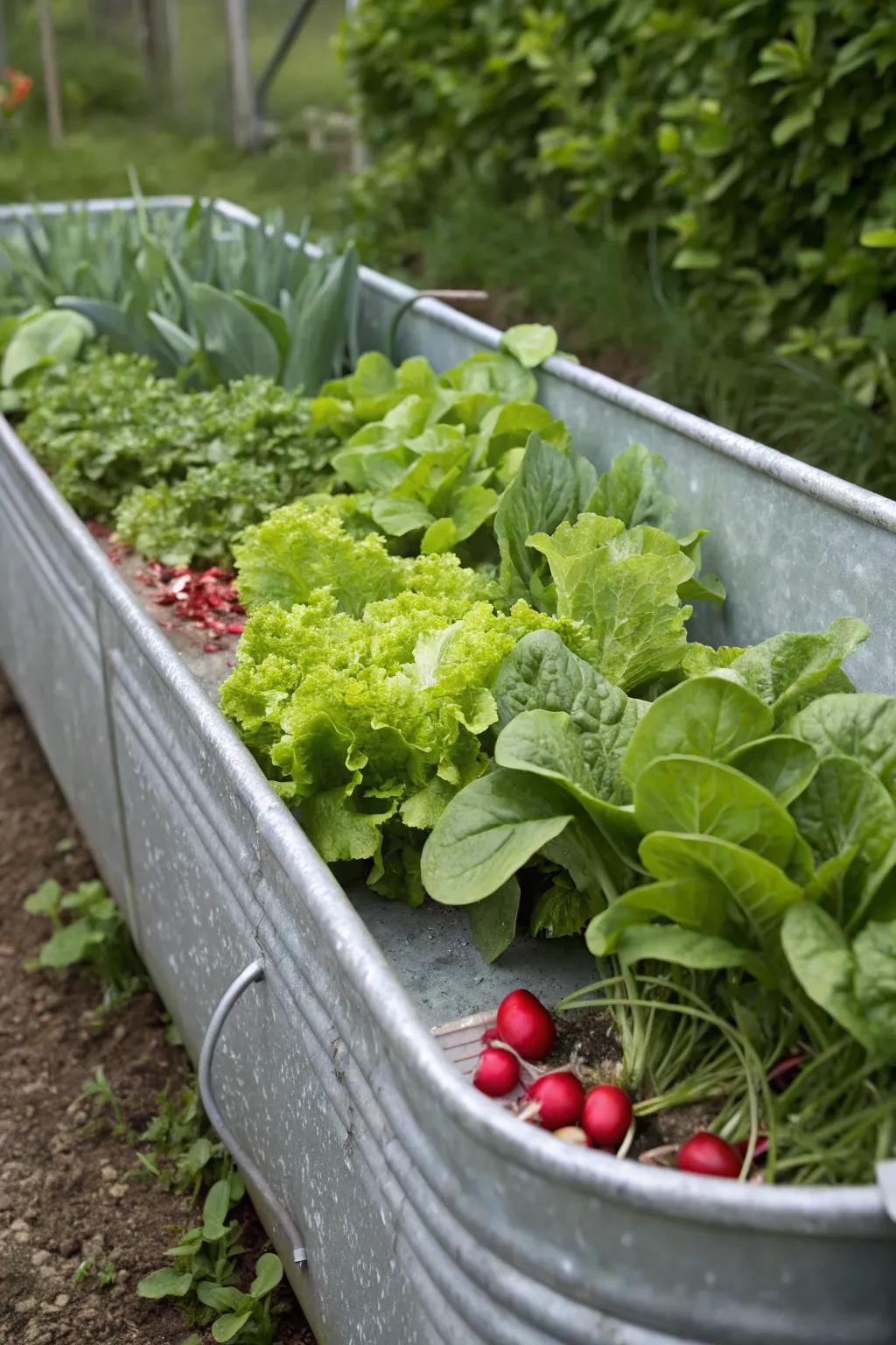 An urban vegetable patch thriving in a galvanized water trough.