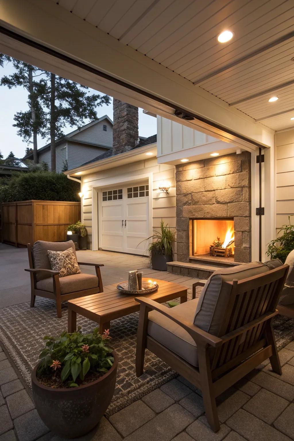 A cozy outdoor fireplace setting on a garage patio.
