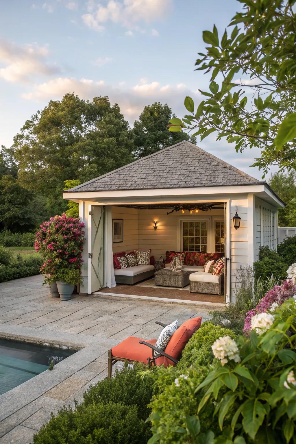Cozy outdoor furniture that invites relaxation by the pool.