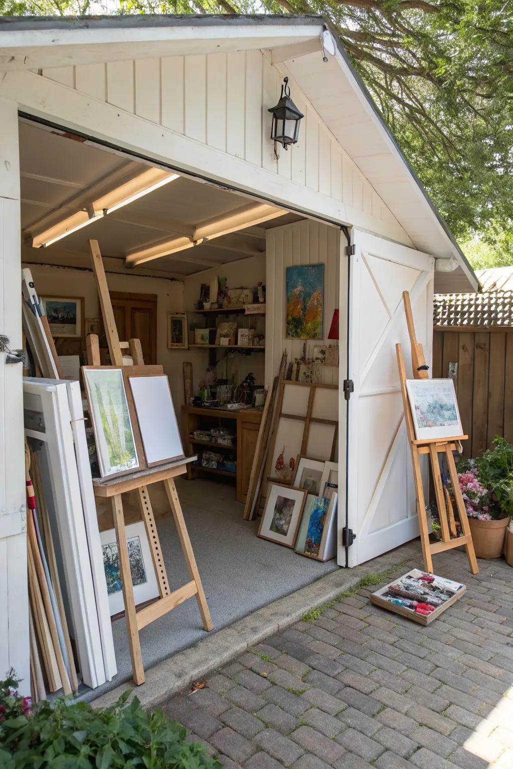 An inspiring art studio nestled in a garage shed.