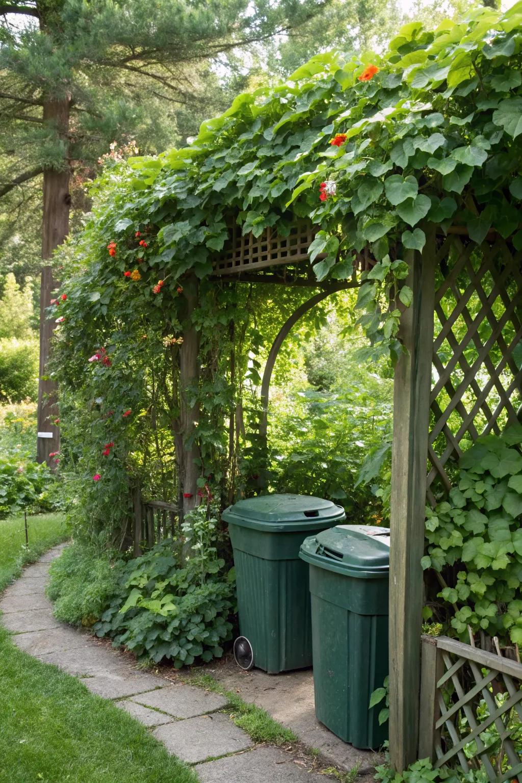 Let a garden trellis with climbing plants beautifully hide your trash bins.