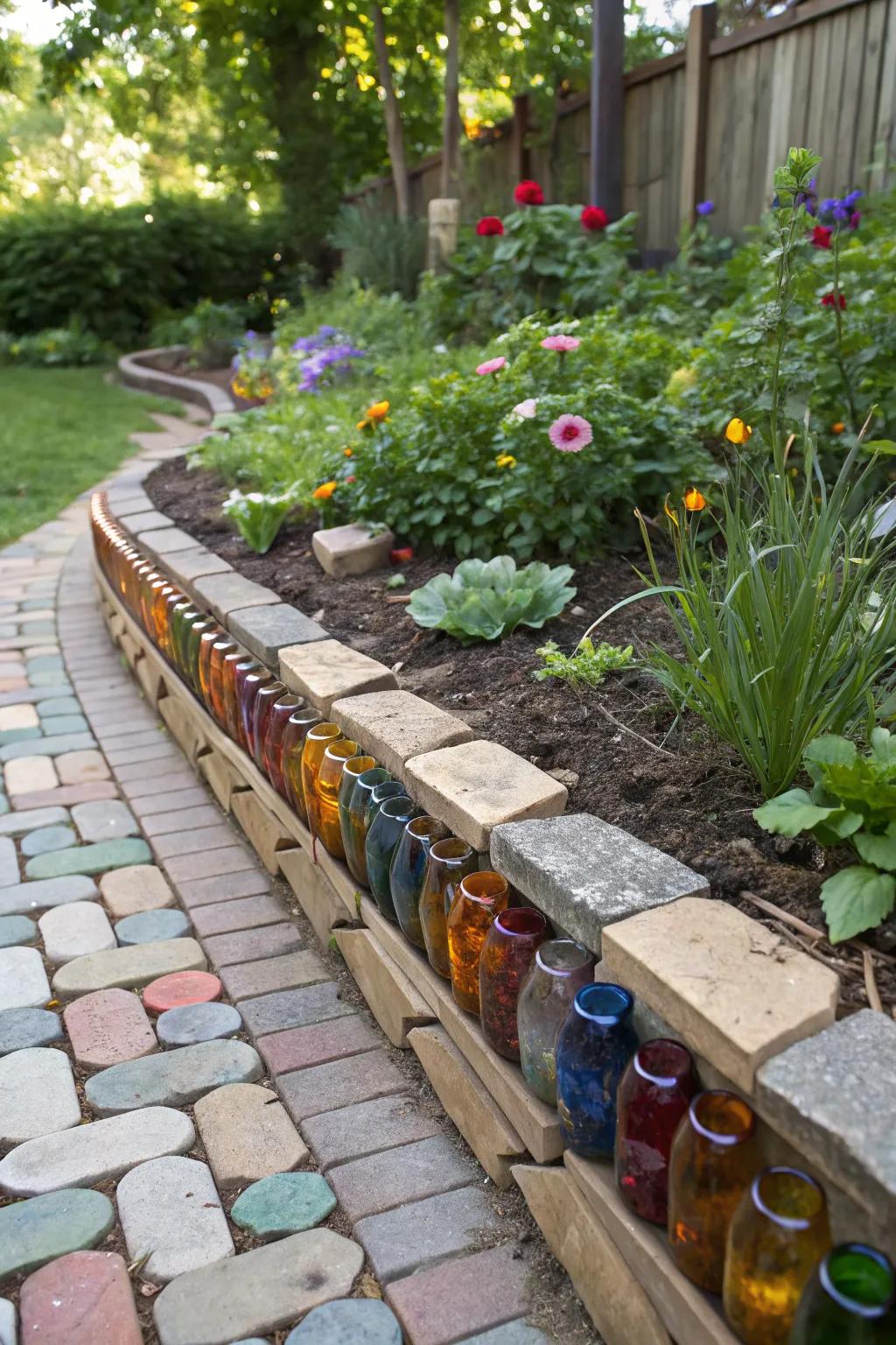 Use glass bottles to create colorful garden borders.