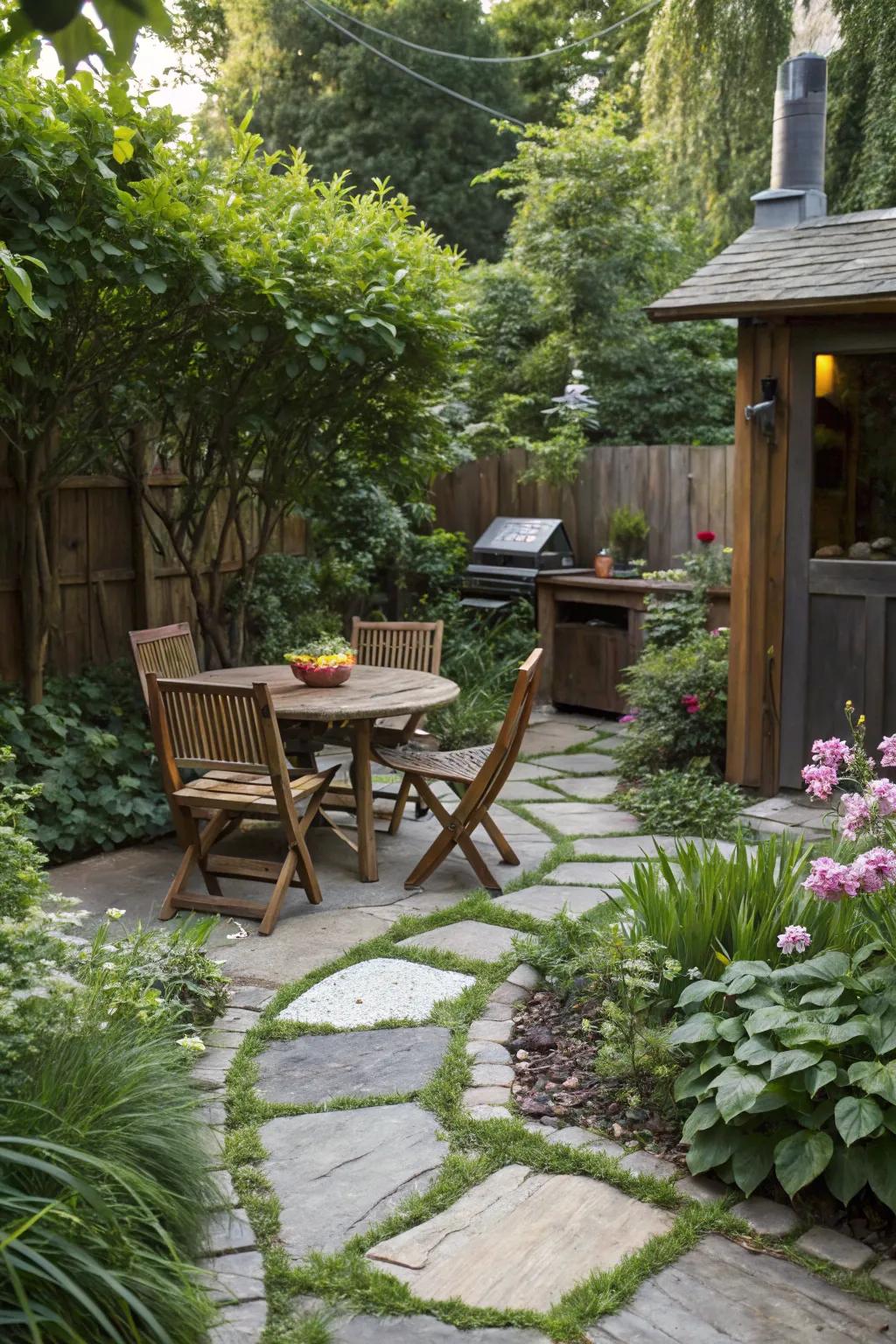 Natural materials create a seamless garden integration.