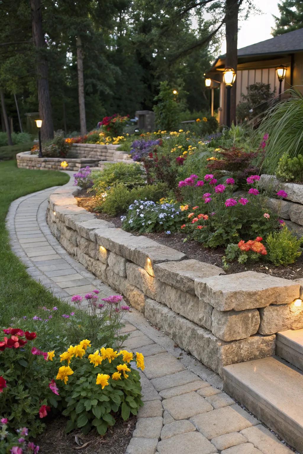 Natural stone borders blend elegantly with garden surroundings.