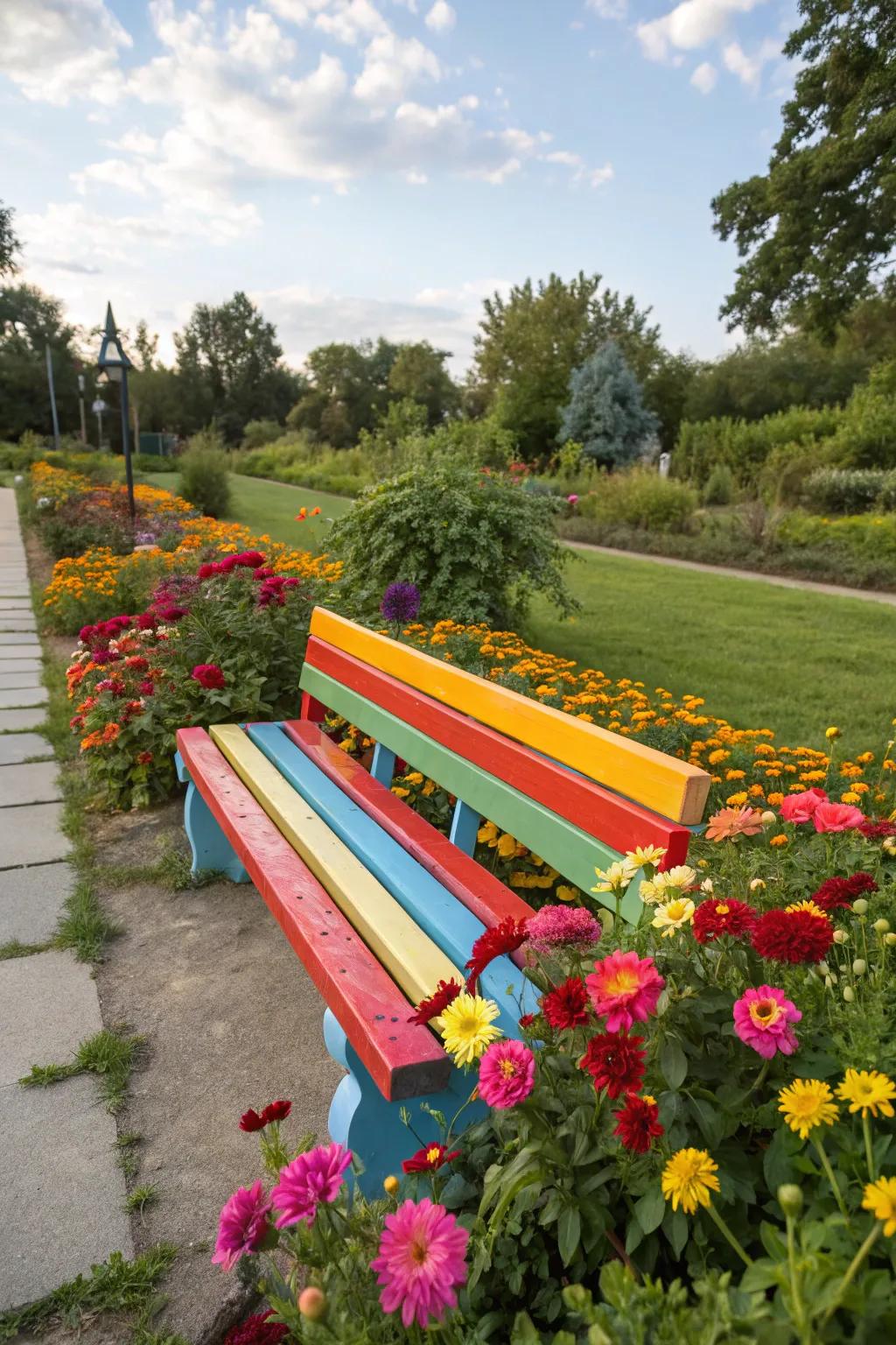 A vibrant bench adds a playful touch to the garden.
